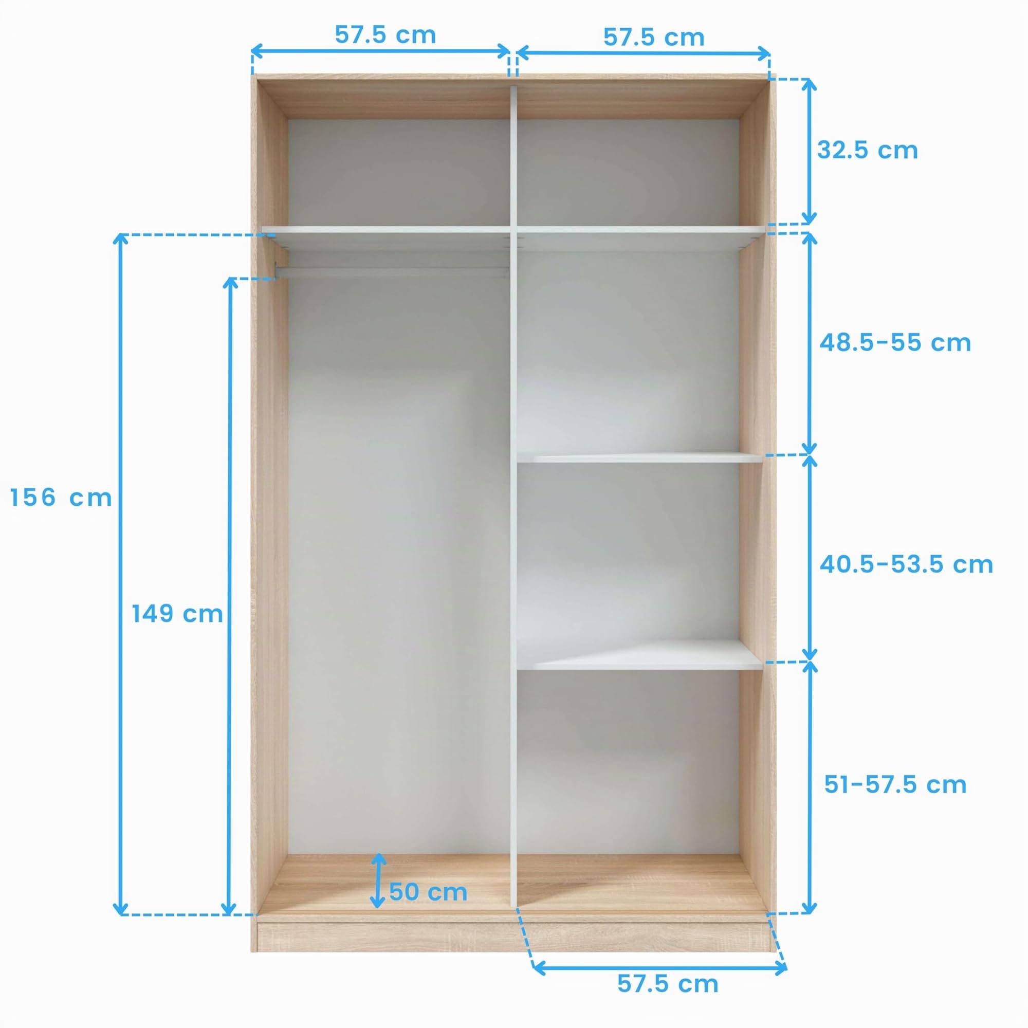 Habitdesign, Kleiderschrank mit 2 Schiebetüren und Regalfächern - Schwebetürenschrank in Artik weiß und kanadischer Eiche, viel Stauraum, Maße: 120 x 200 x 50 cm (B x H x T), Modell Alaya