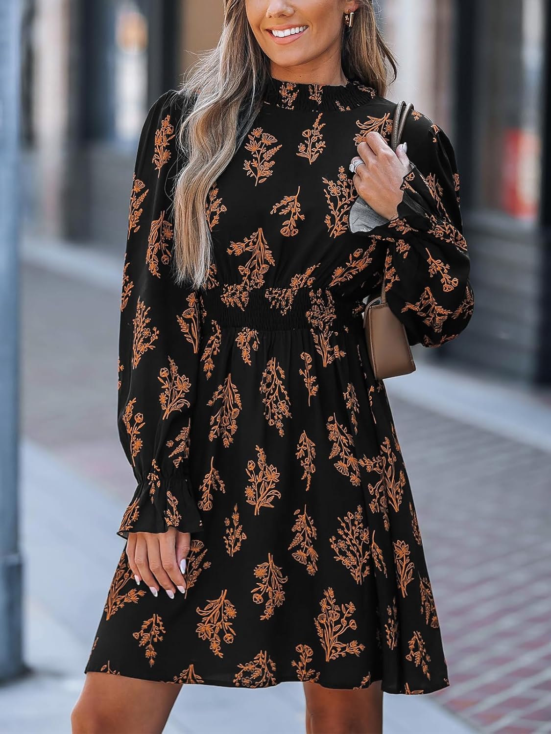 CUPSHE Women's Mock Neck Floral Mini Fall Dress Long Ruffle Sleeve Elastic Waist Smocked Casual Flowying Mini Dresses