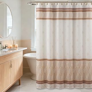 Beige Fabric Shower Curtain for Bathroom, Modern Cream Neutral Geometric Shower Curtain with Brown Stripe, Waterproof Washable Decorative Marble Farmhouse Bathroom Curtains, 72" W x 72" H