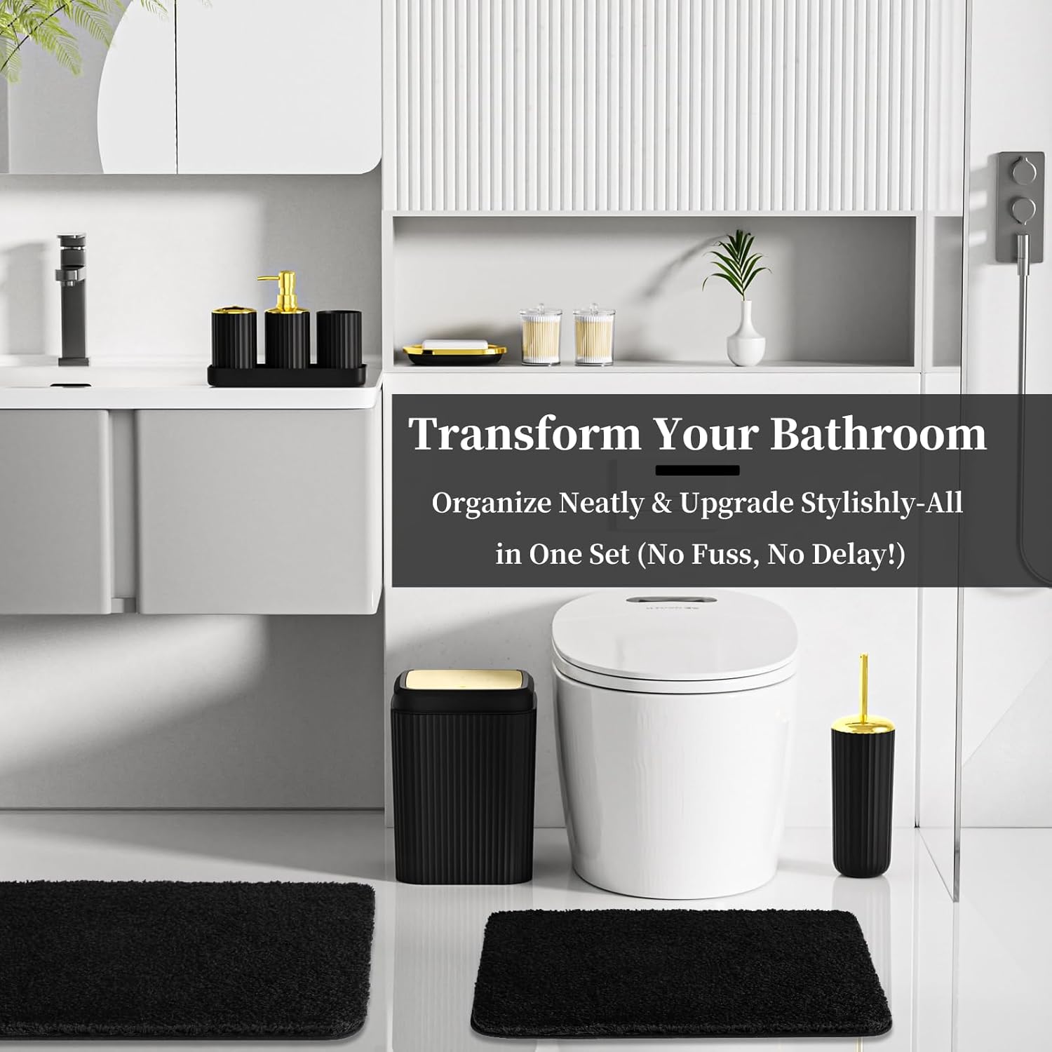 24 PCS Black Bathroom Accessories Set with Shower Curtain and Rugs, Bathroom Sets with Extra Soft and Absorbent Bath Rugs Shower Curtain Black Bathroom Sets for Bath