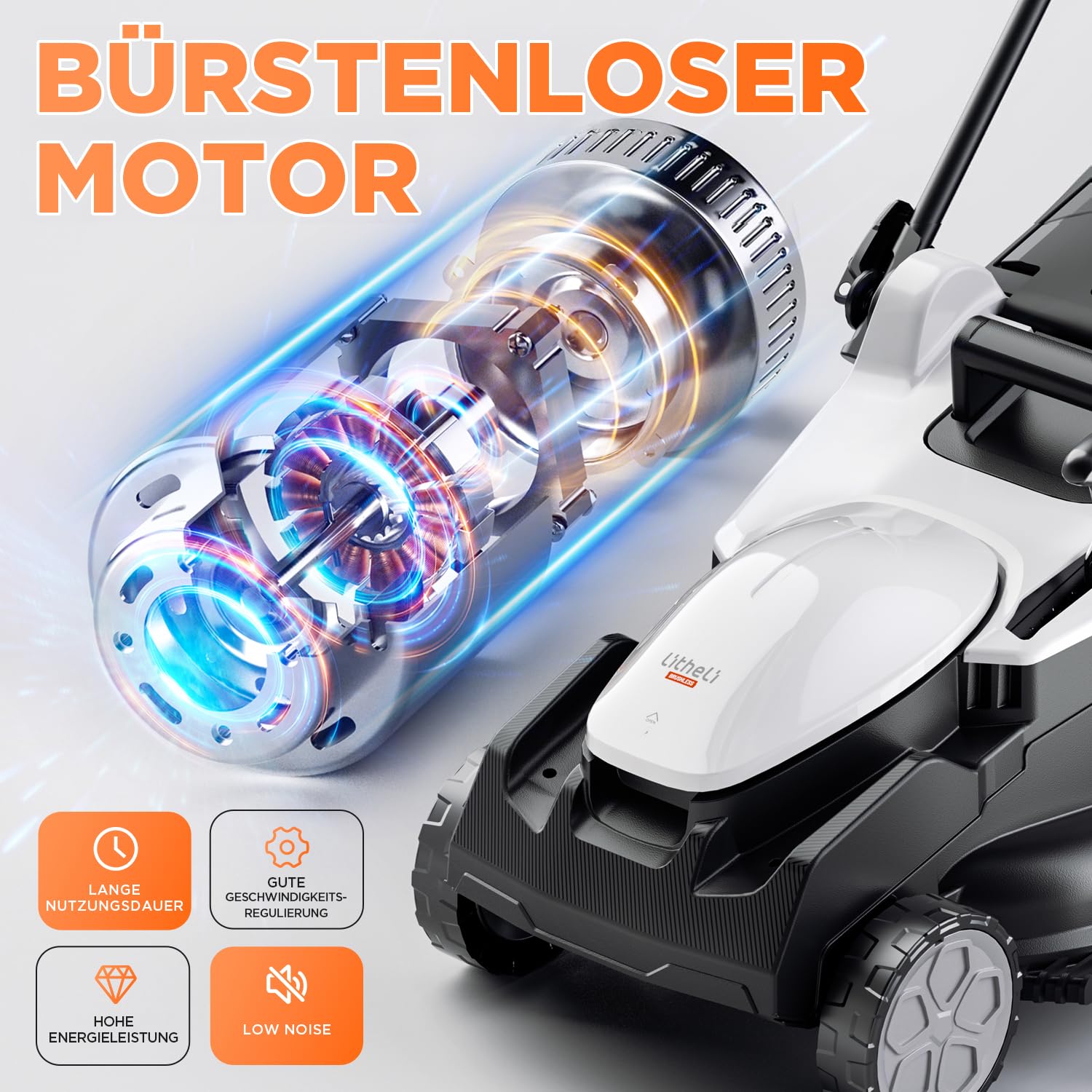 U20 Litheli Akku Rasenmäher, 2 x 20V, 43cm Schnittbreite, Brushless, bis 500 m², 40L Fangkorb, 25-75 mm Schnitthöhe, inkl. 2 x 4,0 Ah Akkus