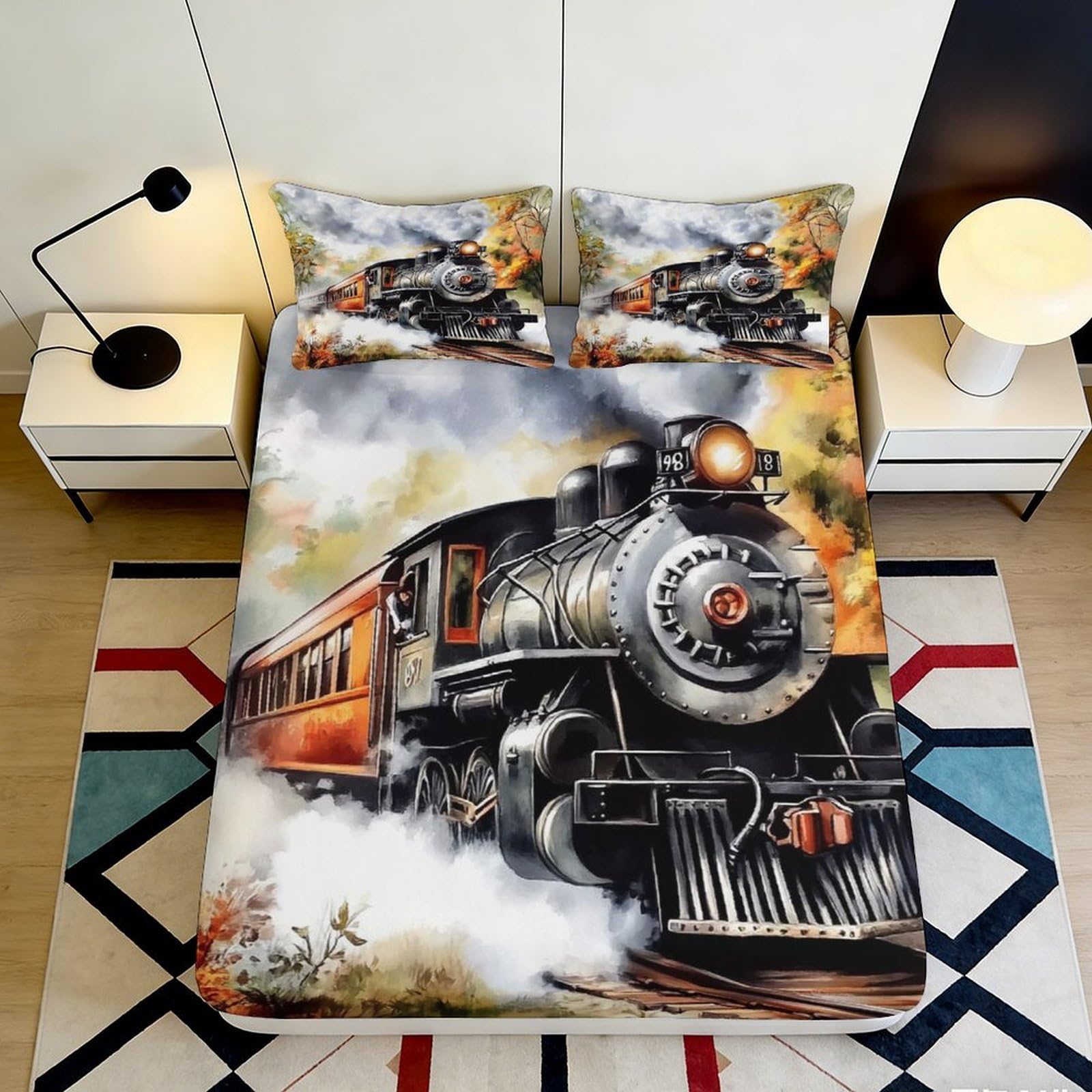 3D Printed Steam Train Fitted Sheet Microfiber Soft Breathable Locomotive Bed Cover for Bedroom Guest Room Decor 90x200x25cm