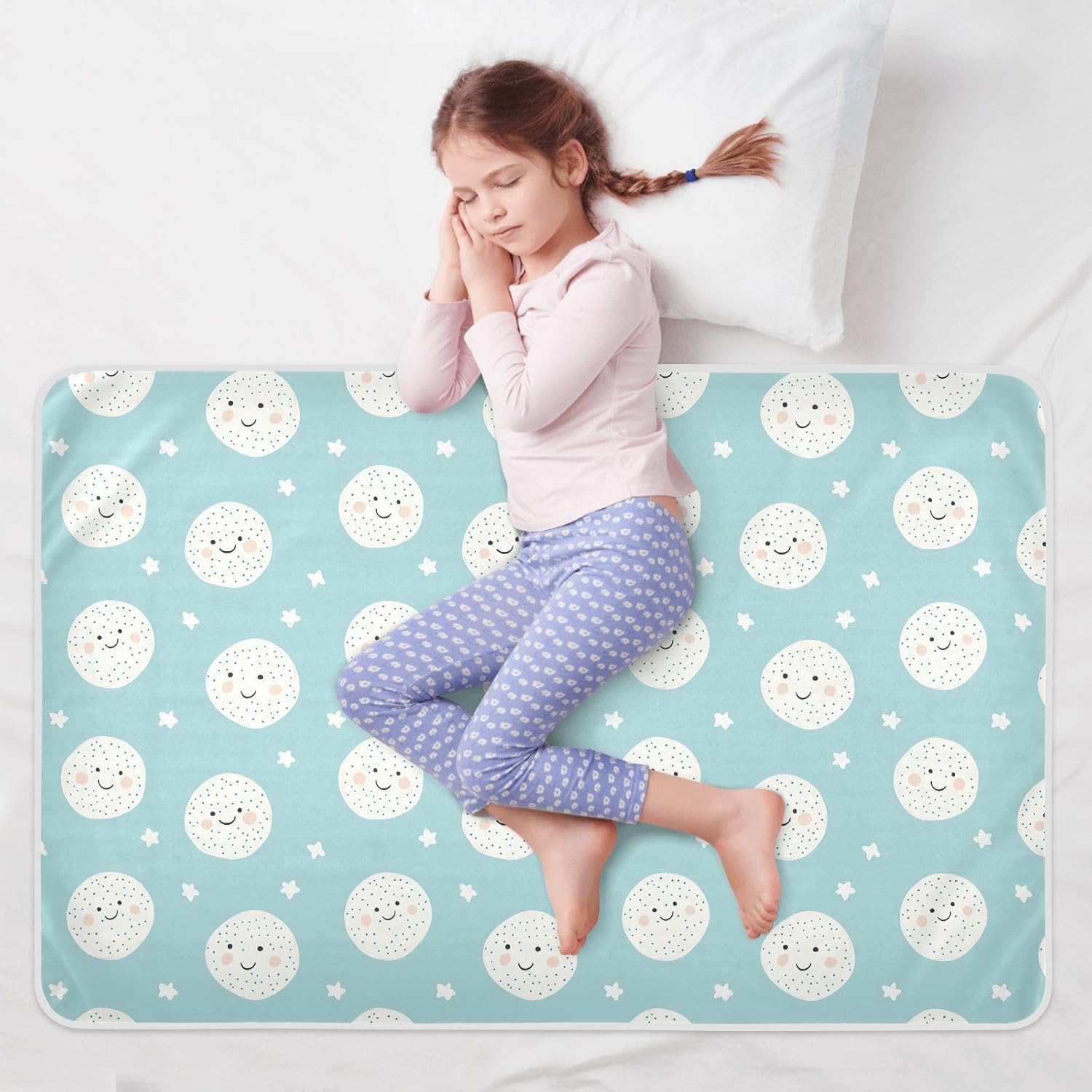 Cartoon Cute Circle Face Light Blue Extra Large Resuable Training Pee Pads for Kids Highly Absorbent Pee Pads for Bed Slip-Resistant Bed Liners for Kids Adults Pets , 52" L x 34" W
