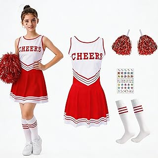 Disfraz Animadora Niña, Disfraces Animadora Crianca con Pompones Calcetines y 2 Pegatinas,Traje Infantil Vestido Cheerleader Costume, para Carnaval Halloween Cosplay Fiesta