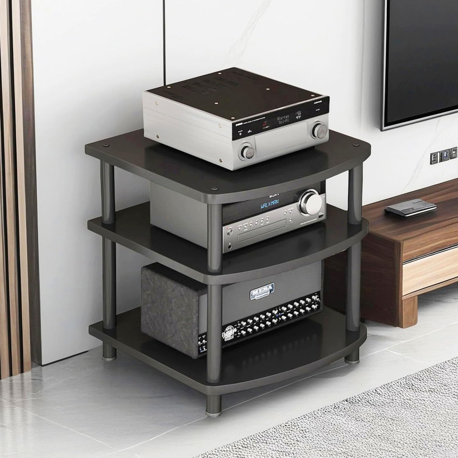 3 Tier AV Media Stand, Audio Rack Tower Adjustable Height, TV Game Console Equipment Shelf, CD Record Player Stereo Component Rack Cabinet for Home Theater Studio (Black)