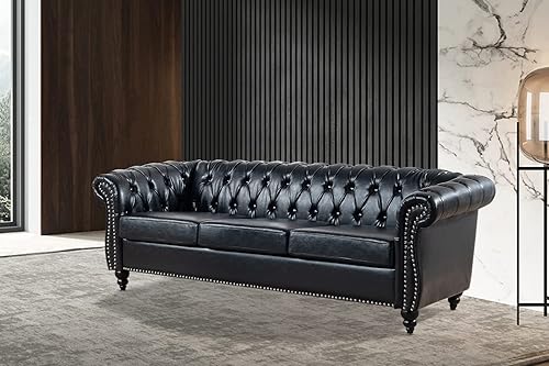 Miniatura 3 de Sofá de cuero Chesterfield negro para sala de estar, cómodo sofá de 3 plazas con asiento profundo para dormitorio, oficina o apartamento. Muebles de