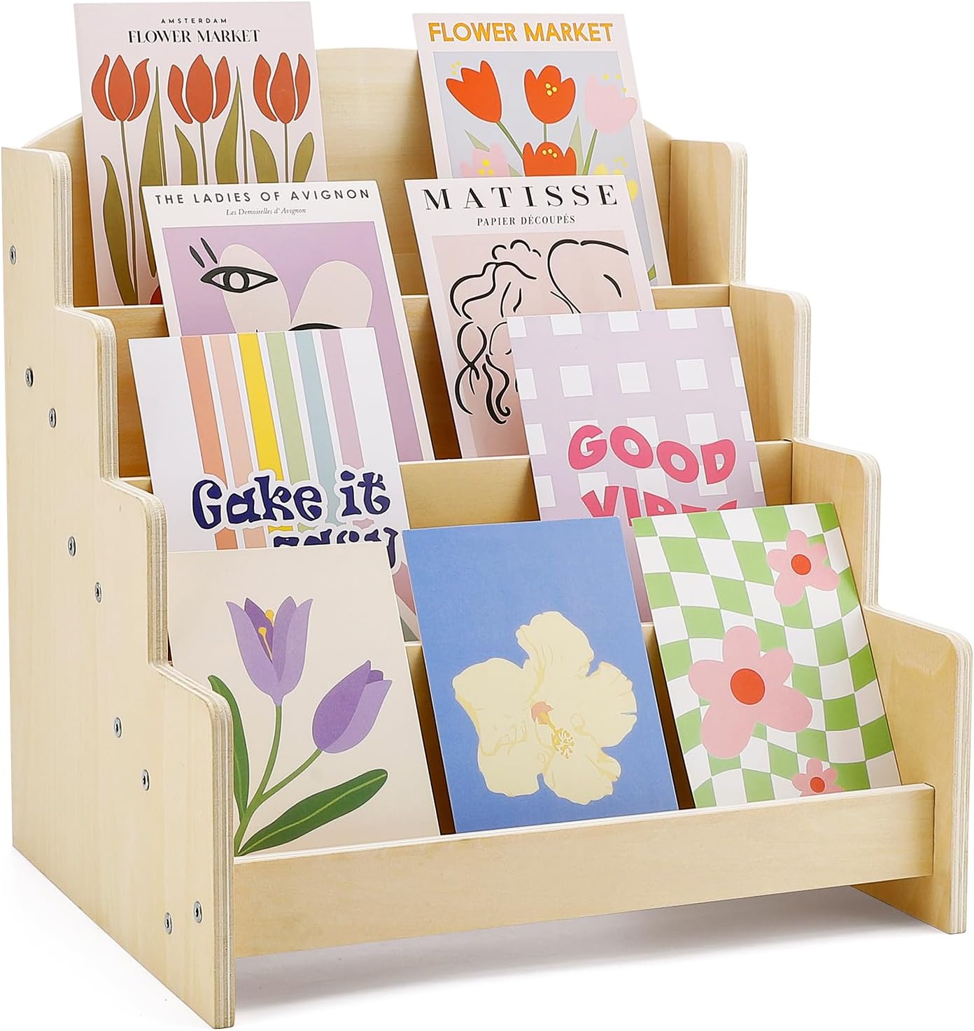 Kroucoco Greeting Card Organizer Display Stand, Multi-Purpose Rack for Vendors, 4-Tiered Wooden Counter Retail Display for Postcards, Brochures, Photos, Pictures, Stickers