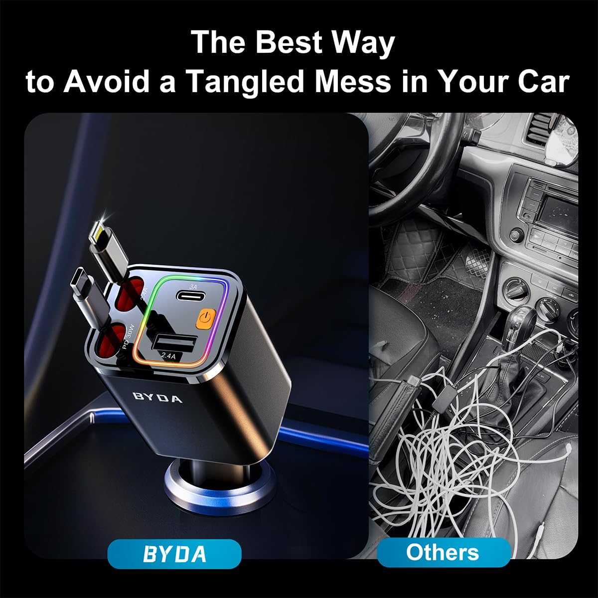 4 in 1 Retractable Car Charger,69W USB-C Fast Car Charger, for iPhone 17/16/15/14/13/12/11, Android,Pixel,Cigarette Lighter Charger (for Apple+Type C &RGB [Black]) image 3