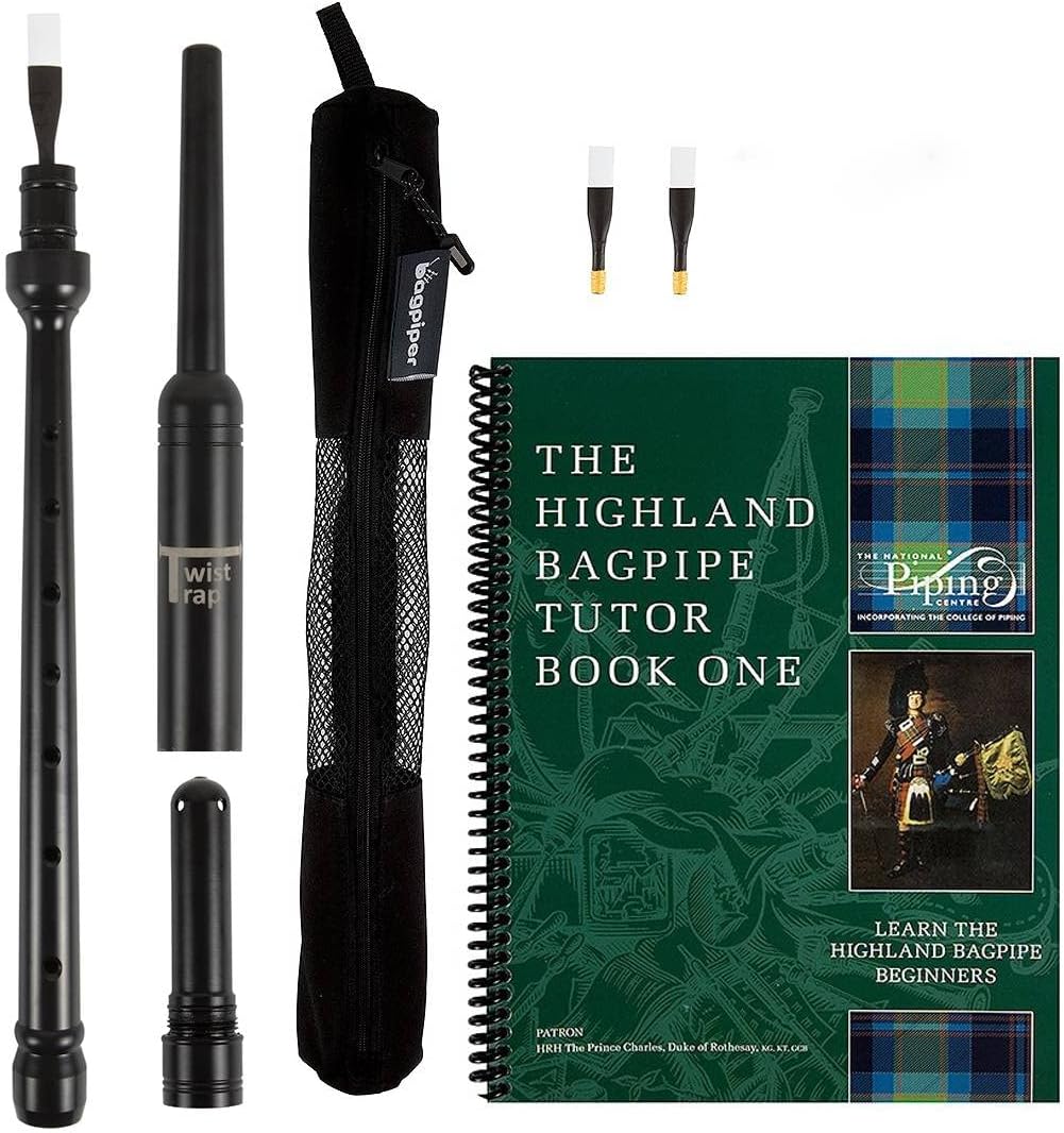 RG Hardie Bagpipe Twist Trap Practice Chanter, National Piping Center of Scotland Tutor Book with 2 Quality Scottish Reeds Breathable Case