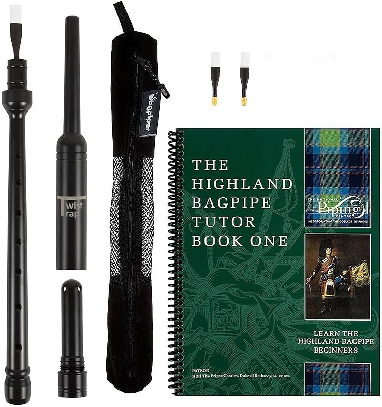 RG Hardie Bagpipe Twist Trap Practice Chanter, Libro de tutores del Centro Nacional de Tuberías de Escocia con 2 cañas escocesas de calidad Estuche transpirable | 2 cañas Frazer Warnock de calidad, estuche transpirable, trampa giratoria, lecciones de gaita, libro de tutor del centro nacional de tuberías 1