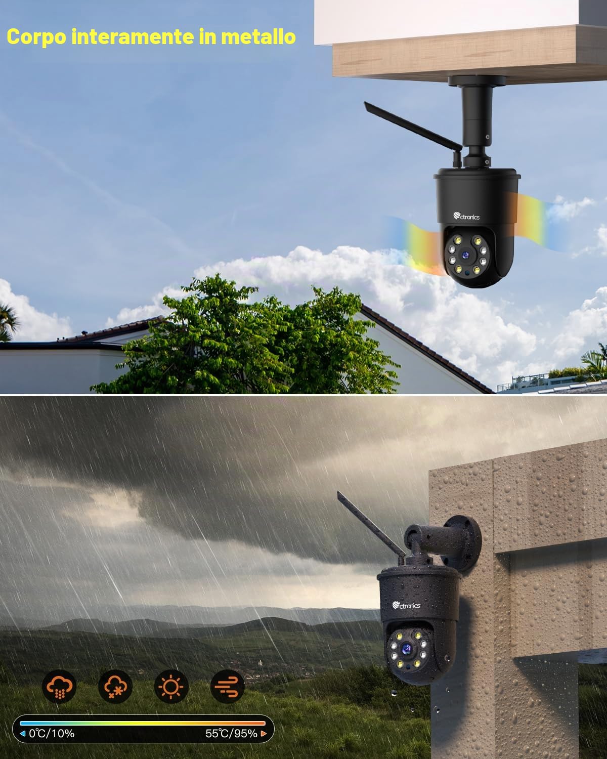 Ctronics 4K Telecamera da Esterno WiFi, Auto-Tracking, Allarme sonoro e luminoso, 5/2,4GHz, Rilevamento AI, 30m Visione Notturna a Colori, 256GB TF/Cloud [Metallo Pieno]