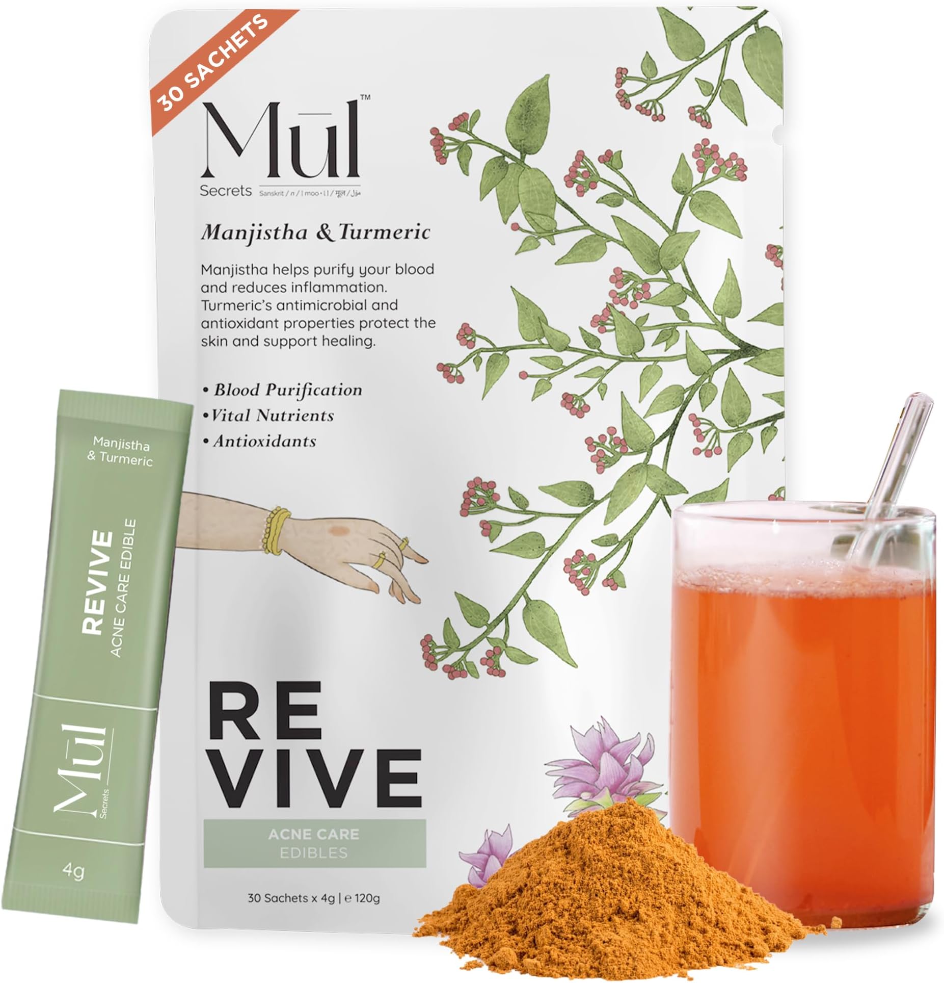 Mul Secrets Revive Acne Care Drink - Ayurvedic & Organic - Triphala, Shatavari, Manjistha, Ashwagandha - Controls Acne & Excess Sebum Production, Detoxify Blood - For Women & Men - 30 sachets