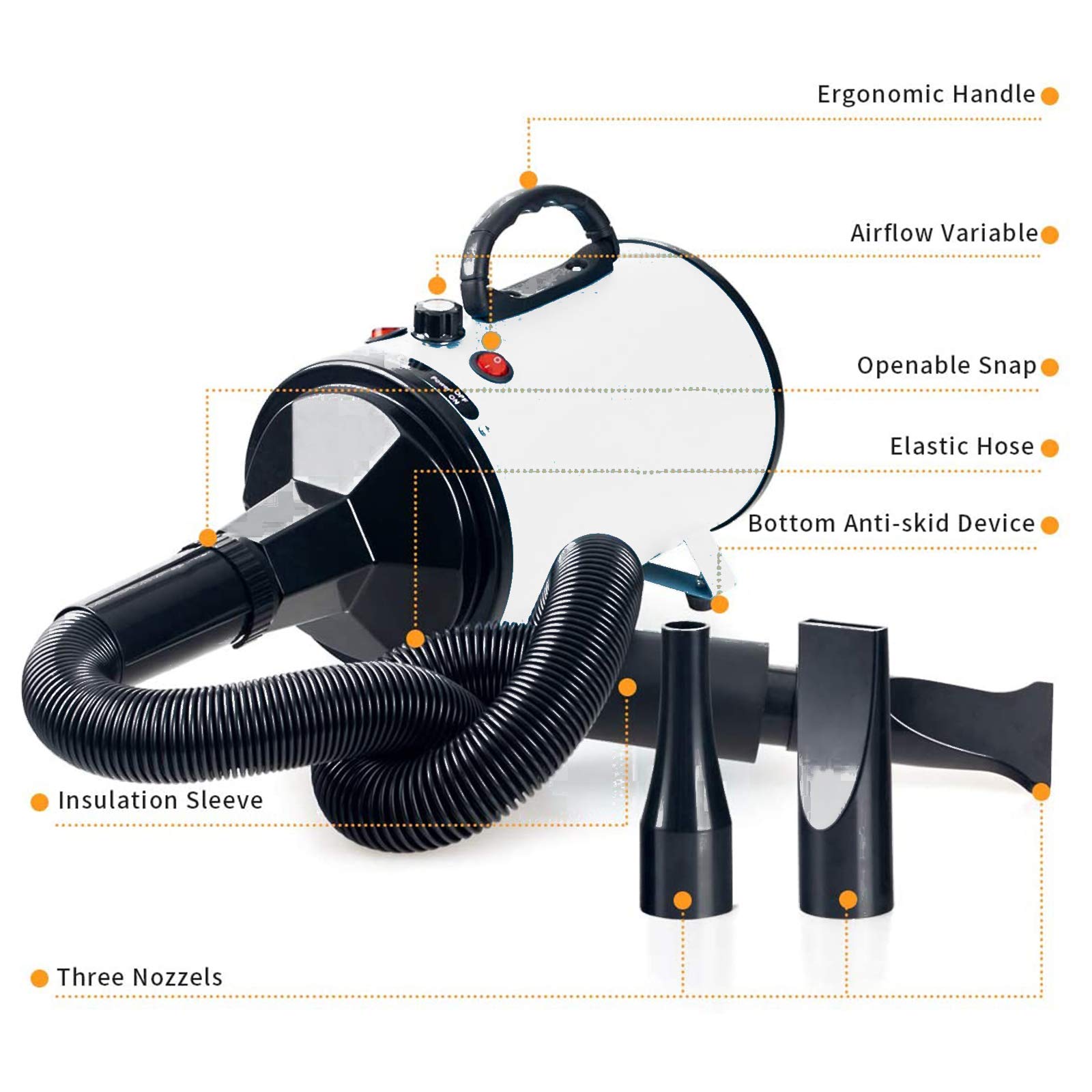 2000W Séchoir Sèche-Poils Toilettage pour Chiens Chats Stepless Vitesse Réglable Sèchecheveux Toilettage Séchoir Pulseur avec Vitesse Et Chaleur Ajustable, avec Tuyau, 3 Buses en Option