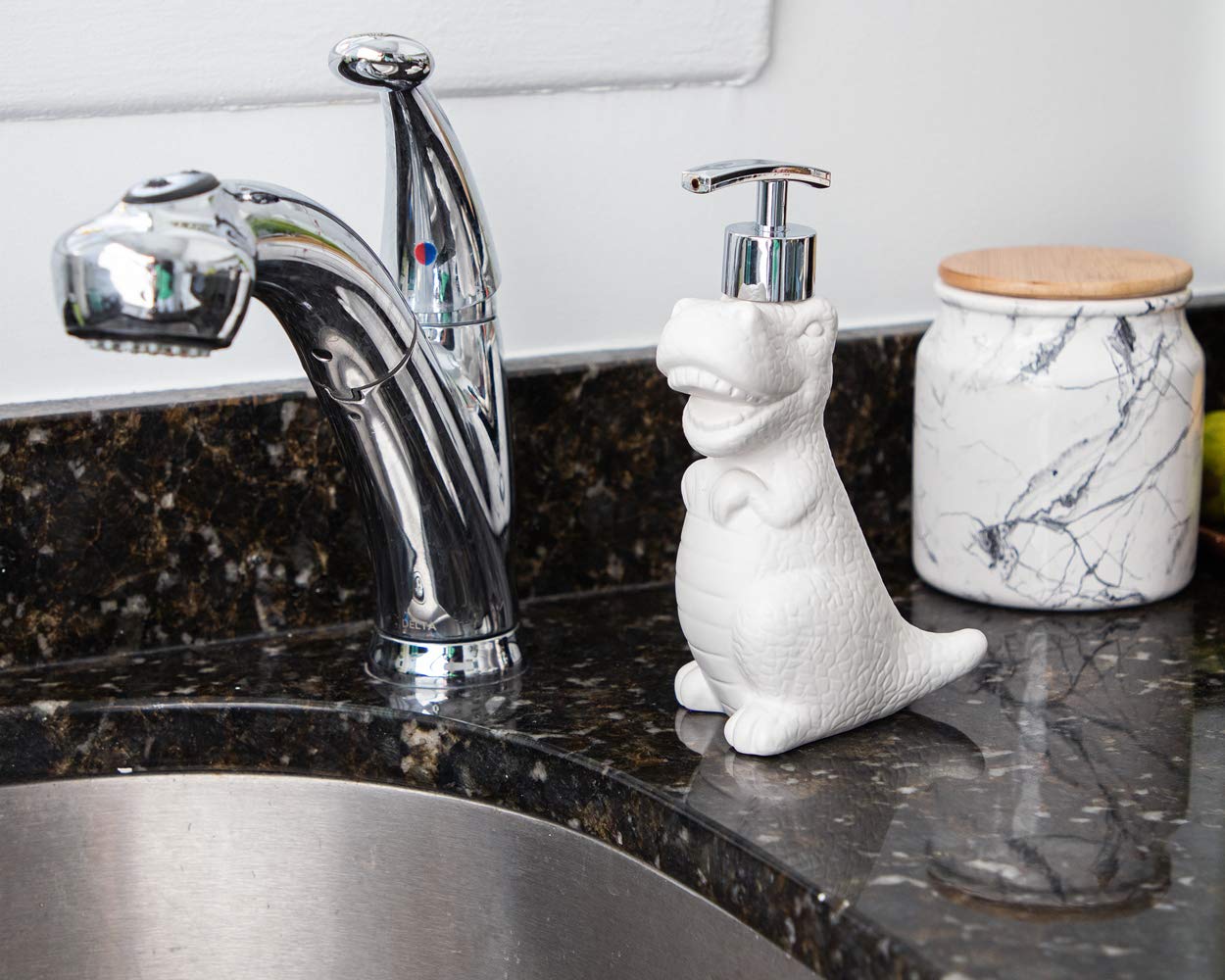 Dinosaurio de cerámica blanca, bomba de jabón líquido/dispensador de loción con bomba de metal cromado (soporta hasta 12 onzas), ideal para baño, encimera de cocina, accesorio de baño 6