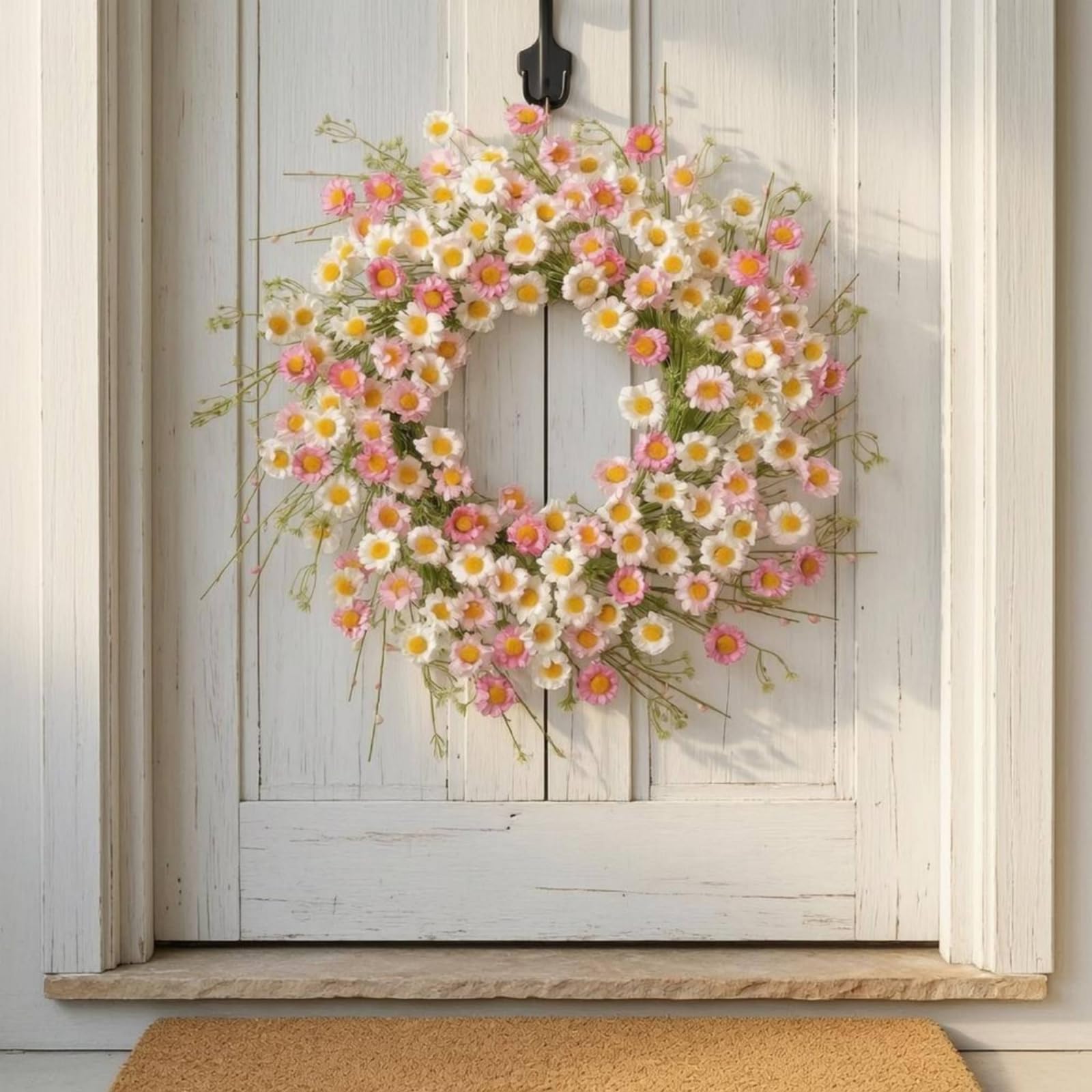 Ghirlanda Floreale Ghirlanda Porta Ghirlanda Fiorita Corona Decorativa con Fiori Artificiali in Plastica Contrasto Delicato con Centro Giallo Aspetto, Rosa, 45cm
