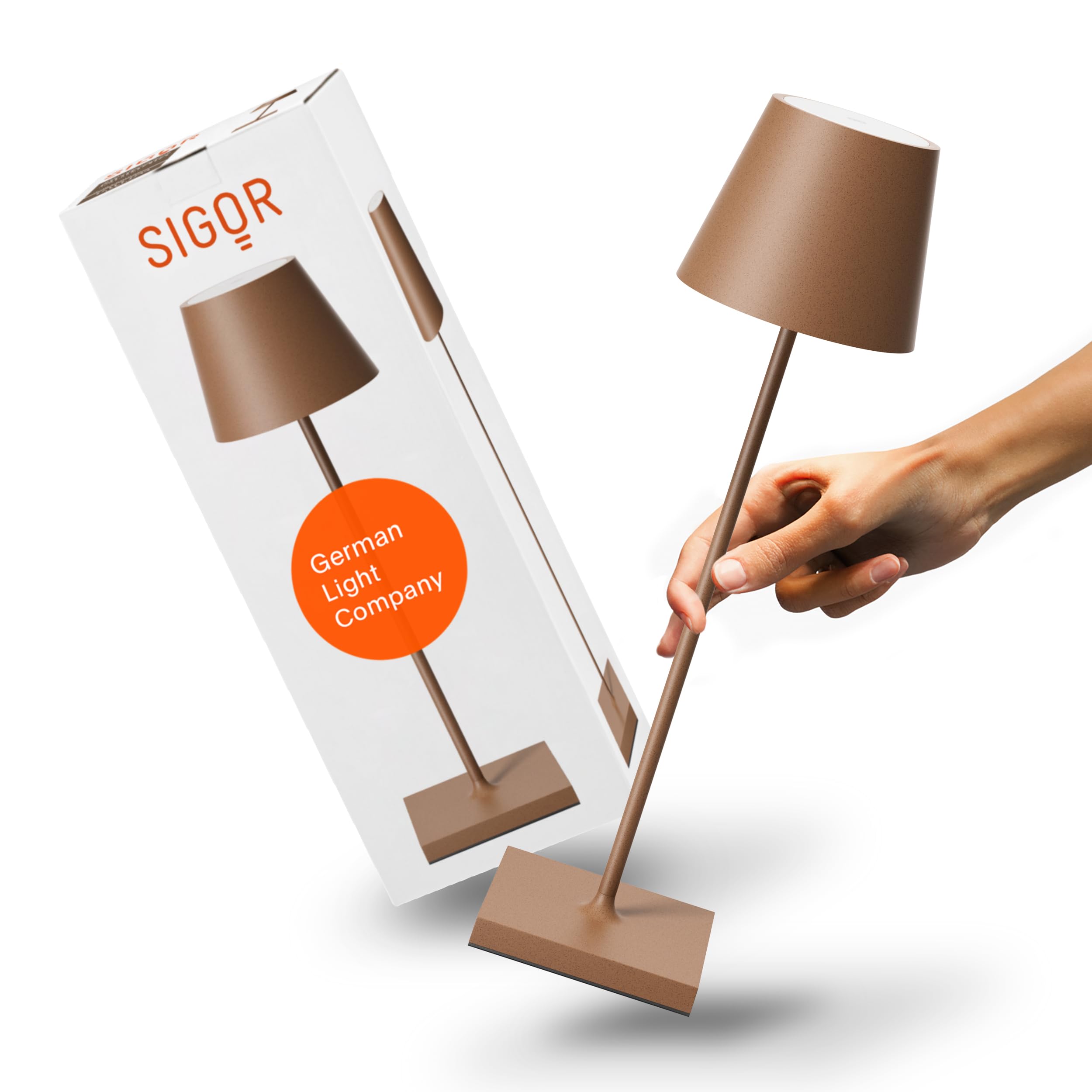 SIGOR Nuindie 2.0 - Dimmbare LED Akku-Tischlampe Indoor & Outdoor, IP54 spritzwassergeschützt, Höhe 38 cm, aufladbar mit USB-C, 12 h Leuchtdauer, mokkabraun