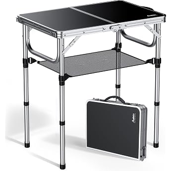 Anbte Camping Table Foldable 58 x 40 cm Aluminium Silver Frame Picnic Table 3 Heights Adjustable 26/48/67 cm MDF Table Top with Storage Net Folding Table for Camping Beach Balcony Silver-Black