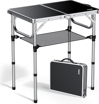 Anbte 2ft Folding Camping Table with Storage Net, 3 Adjustable Heights Small Folding Table Portable & Lightweight with Carry Handle, for Camping Fishing Picnic Beach Outdoor, 22.8"x 15.7", Silver