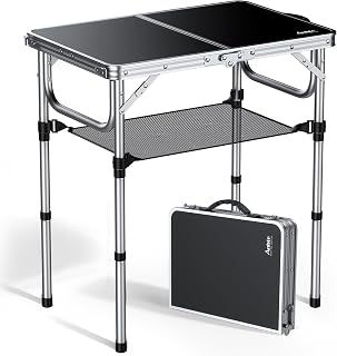 Anbte Mesa Plegable de Camping 58x40x26/48/67cm con Red de Almacenamiento, Mesa Plegable Aluminio de 3 Alturas Ajustables, Ligera y Portátil, para Camping, Pesca, Picnic, Playa,Exterior,Plata
