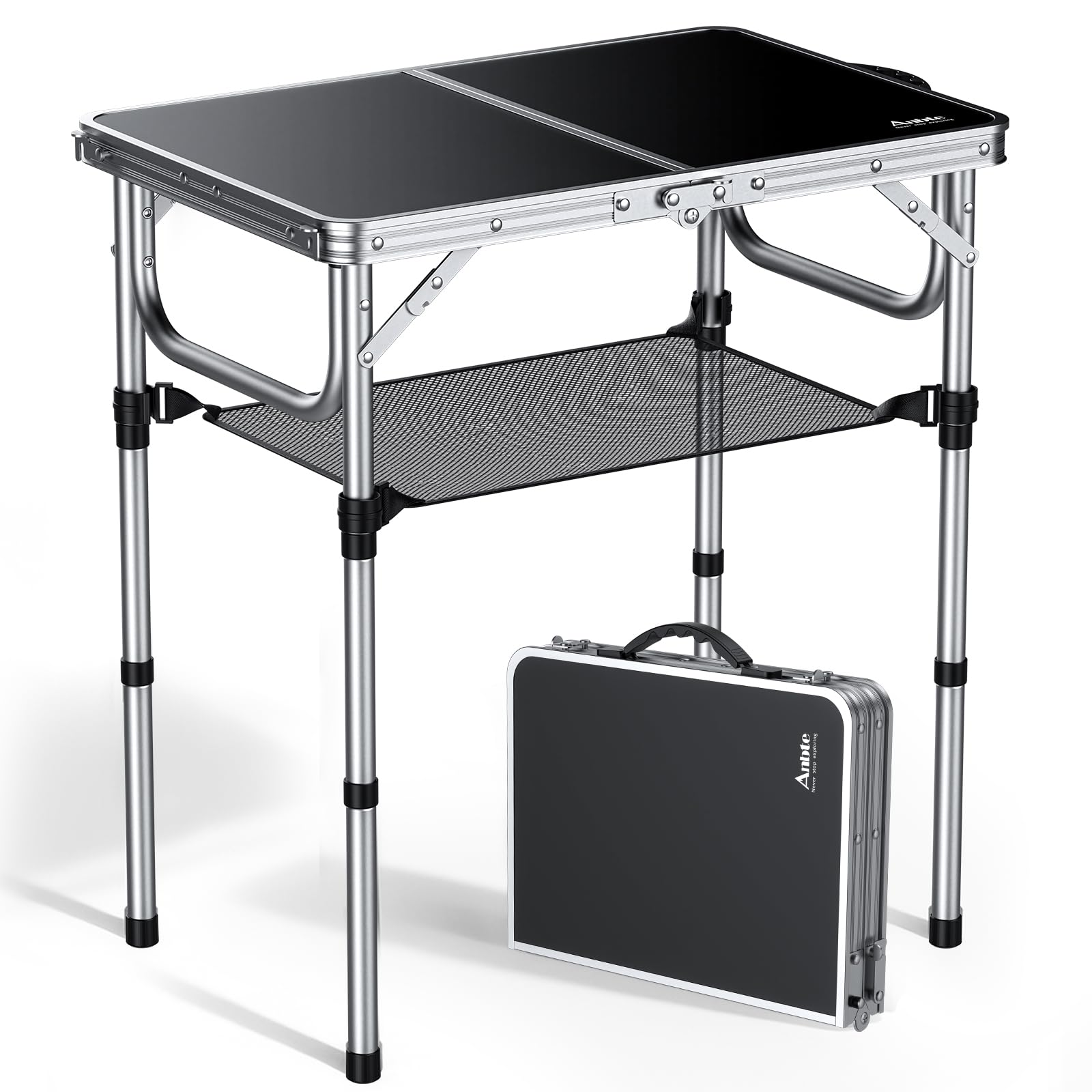 Anbte 2ft Folding Camping Table with Storage Net, 3 Adjustable Heights Small Folding Table, Lightweight and Portable, with Carry Handle, for Camping, Fishing, Picnic, Beach,Outdoor,Silver