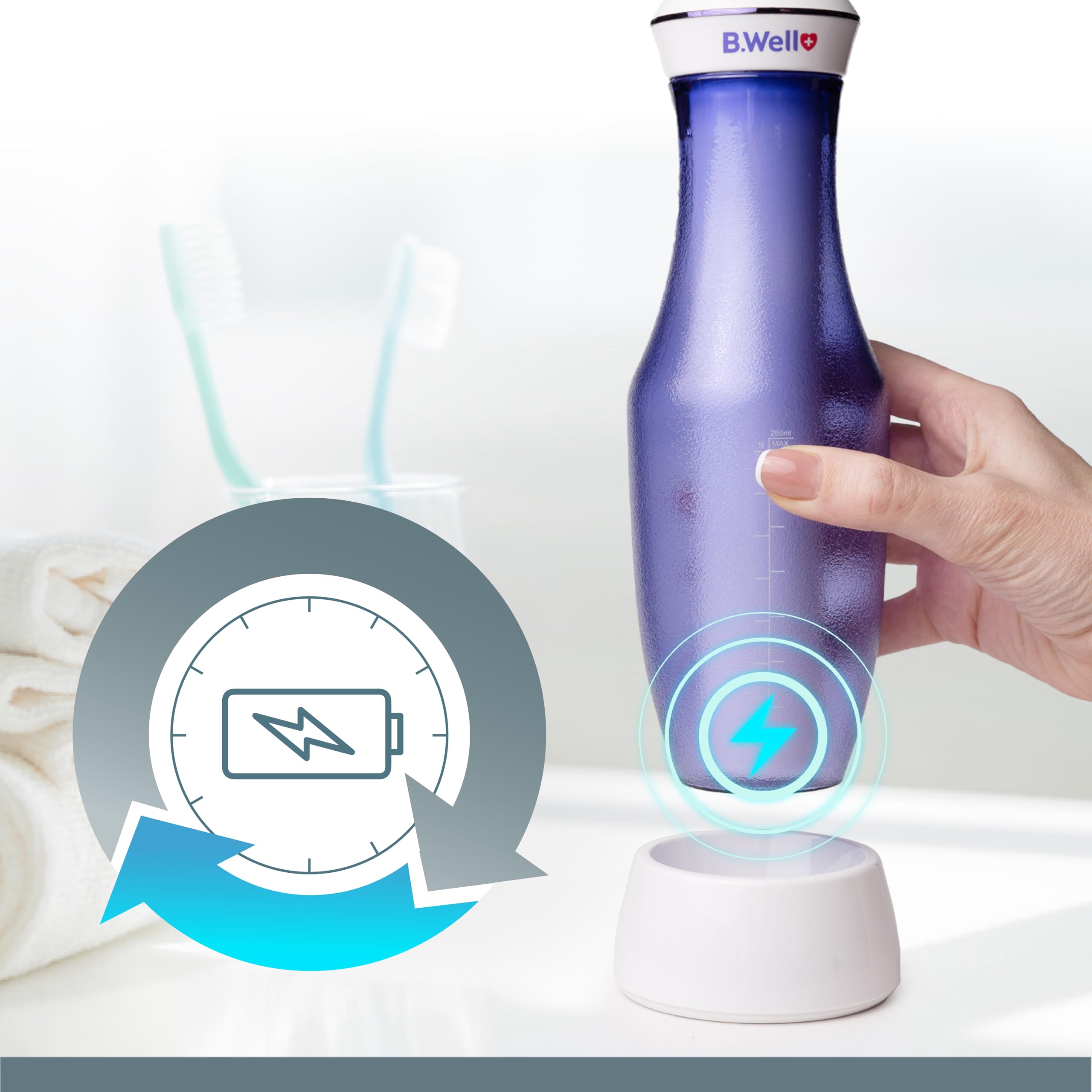 B.Well Suiza TH-917 - Irrigador bucal portátil e inalámbrico (4 modos de funcionamiento, incluye modo individual, depósito de agua de 280 ml, 2 boquillas con rotación de 360°, carga por inducción y