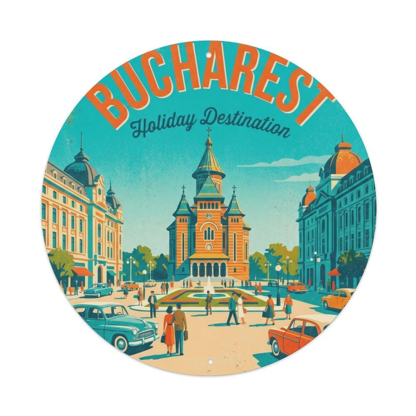 Vintage Travel Bucharest Cathedral Holiday Metal Tin Sign
