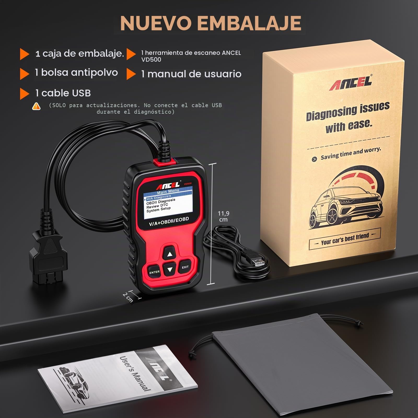 ANCEL VD500 OBD2 Diagnosis Coche de Todo el Sistema para VAG para VW para Audi para Seat, Lector de Código OBD2 EPB ABS SRS Cambio de Aceite del Motor y Restablecimiento de Las Pastillas de Freno
