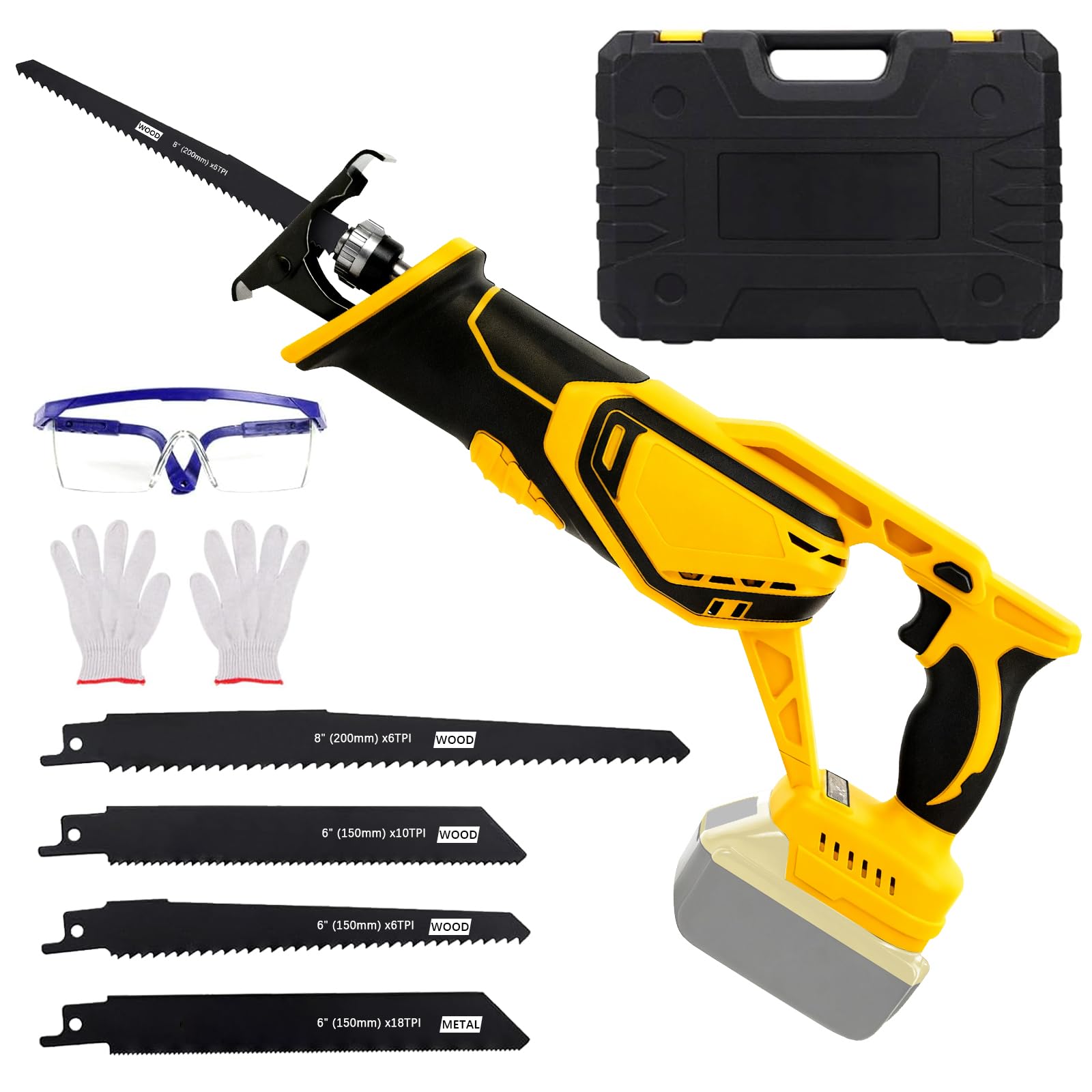 Reciprocating Saw Compatible with DeWalt 20V Max Battery with 4 Reciprocating Saw Blades, Safety Glasses and Gloves for Wood and Metal Cutting, Tool-Free Blade Change (Excluding batteries and charger)
