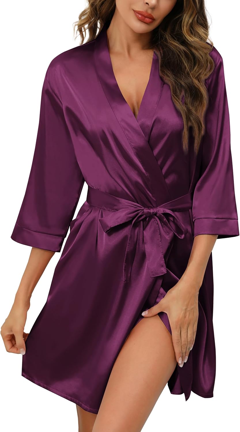 Samring Women's Bride Bridesmaids Robe Short Satin Kimono Robes for Wedding & Bridal Party Silk Bathrobes for Women