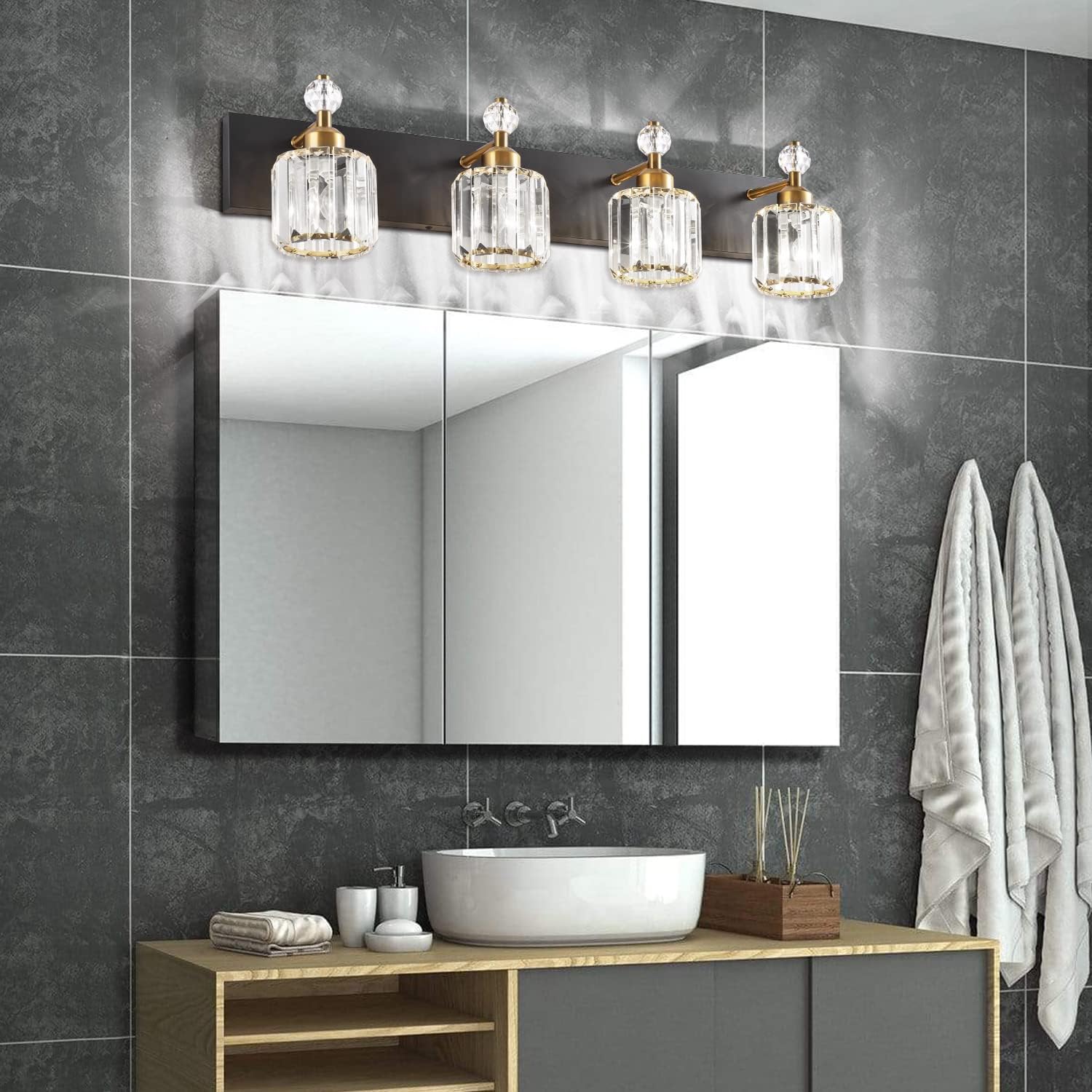 presde 4-light crystal bathroom vanity light, modern black and gold bathroom lights fixtures over mirror modern bath wall sconce black+glod 4-lights
