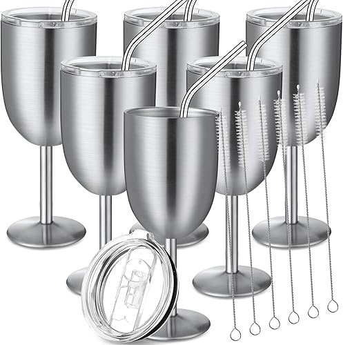 Photect Paquete de 6 copas de vino de acero inoxidable con tapa, 10 onzas, doble pared aislada, copas irrompibles con popote para beber y cepillo disponible en Yaxa Peru