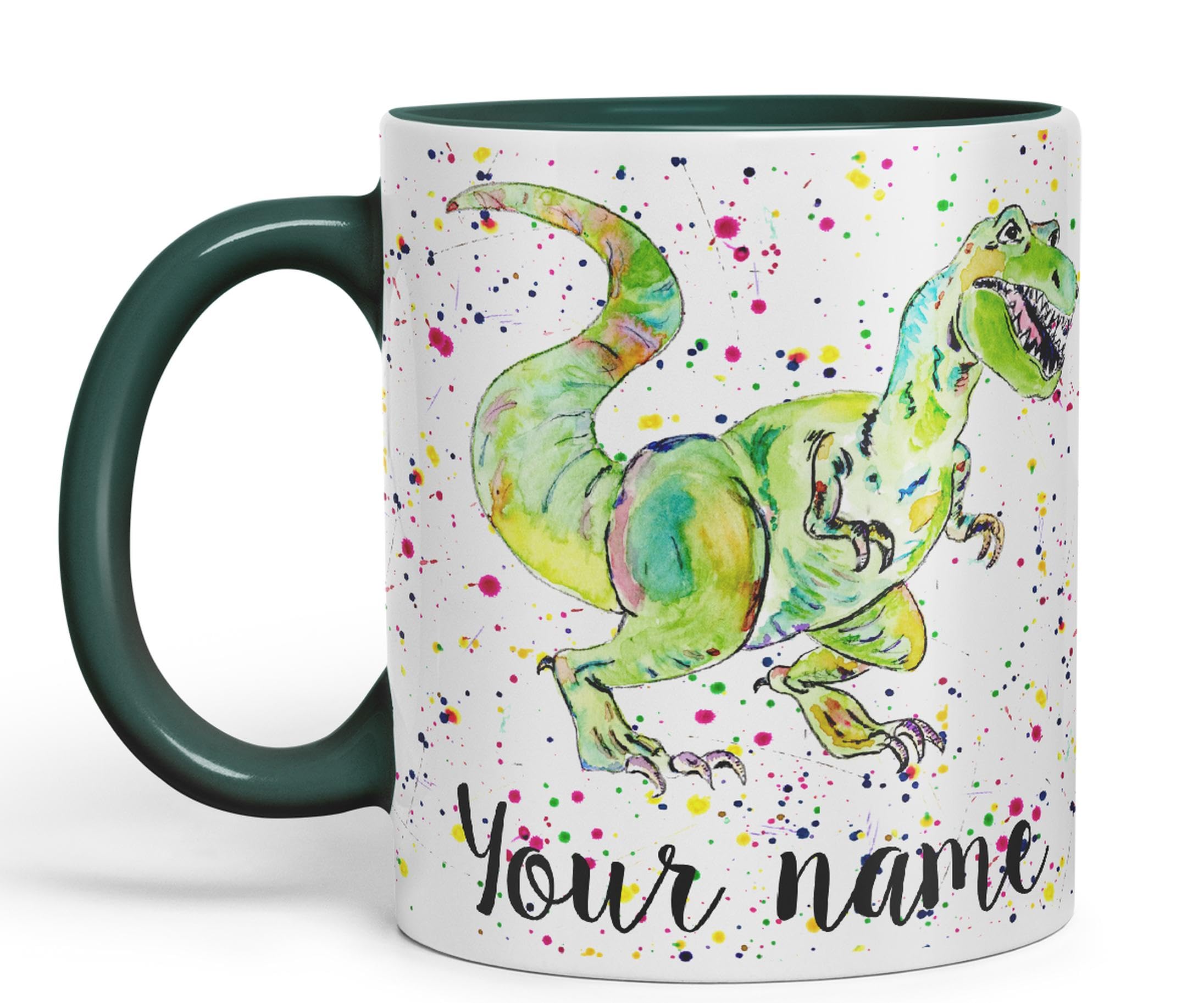 Vixar Personalised with Your Text Dinosaur Tyrannosaurus T-Rex Art Coloured Ceramic Mug Cup Gift 330ml 11oz Custom Work Office Tea Coffee (D Green)