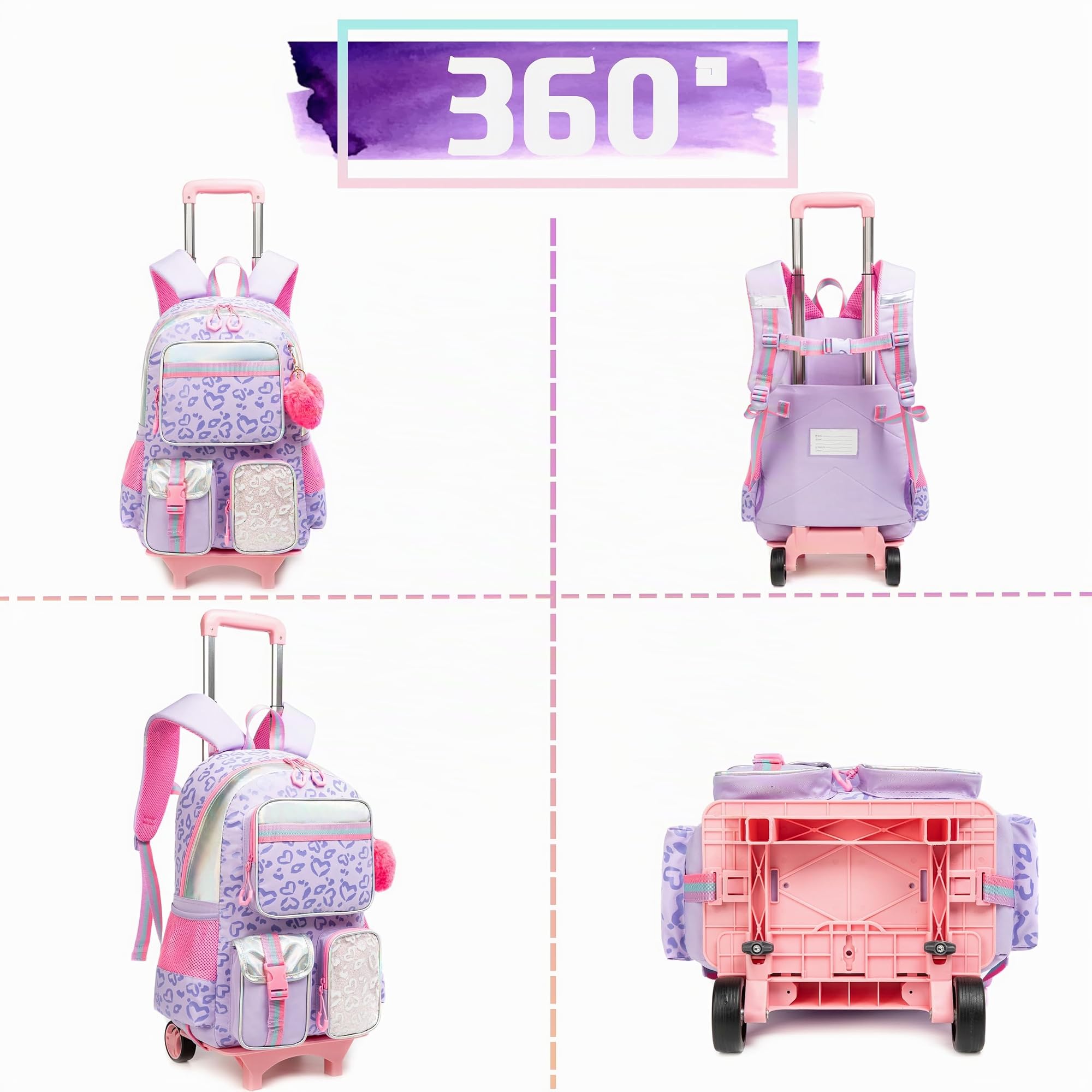 HTgroce Zaino Trolley Scuola Elementare, Zaino Scuola Elementare Bambina Set, Trolley 2 in 1 con Spallacci Per Zaino Bambini