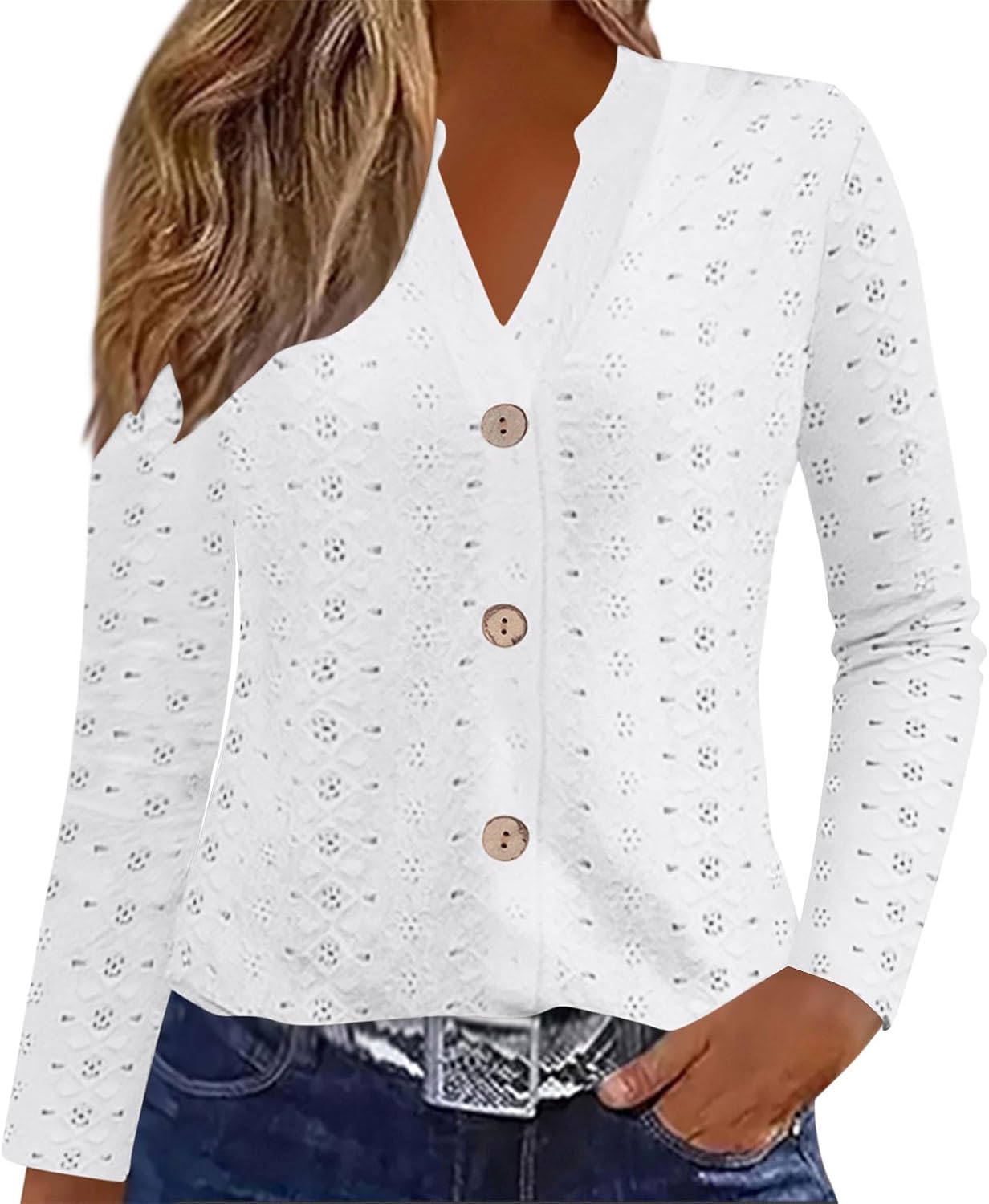 Women's Long Sleeve Shirts V Neck Fall Trendy Shirts Hollow Out Top Blouses Dressy Casual Button Henley T-Shirt