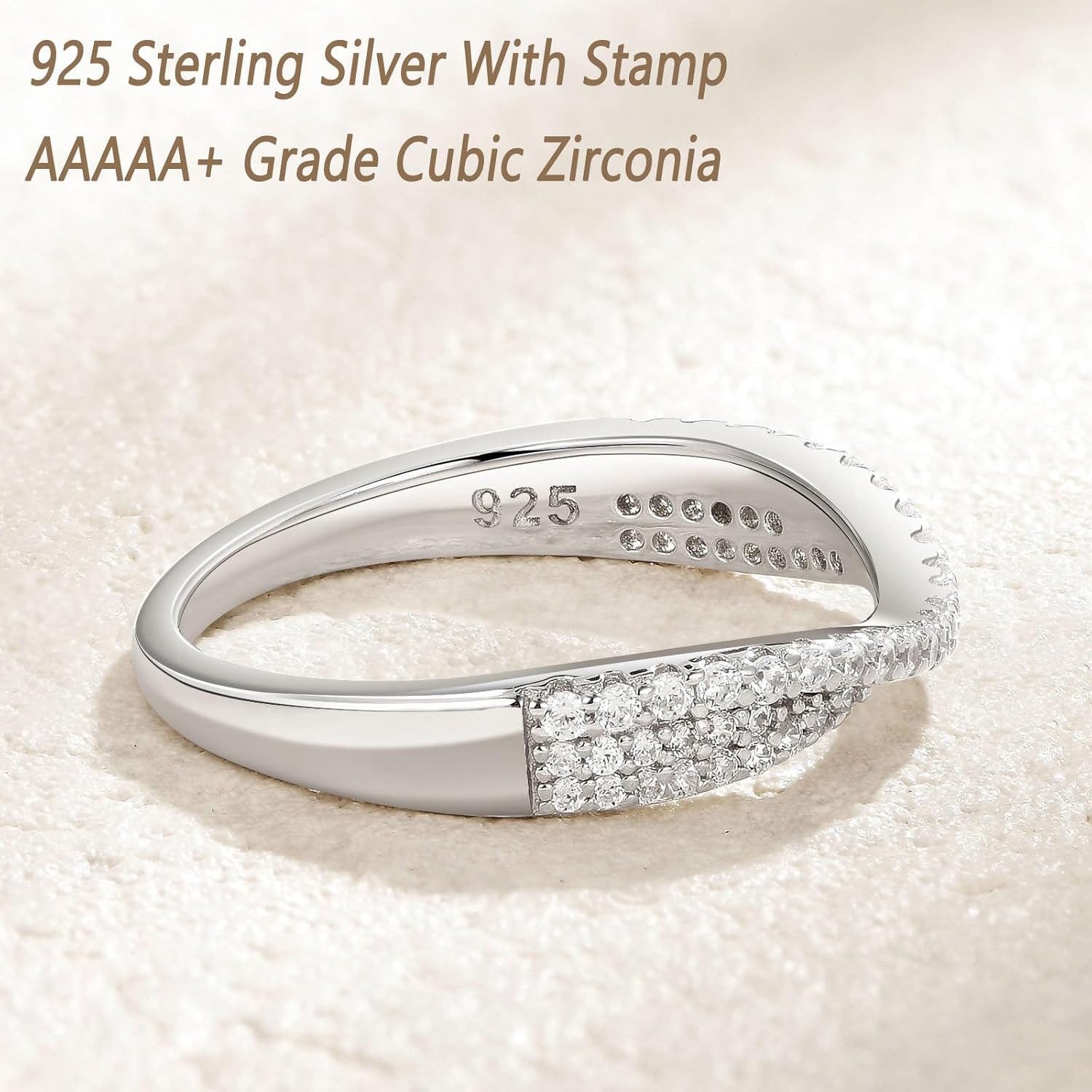 Wuziwen 925 Sterling Silver Cubic Zirconia Rings for Women Curved Half Eternity Ring Wedding Band for Her Stackable Anniversary