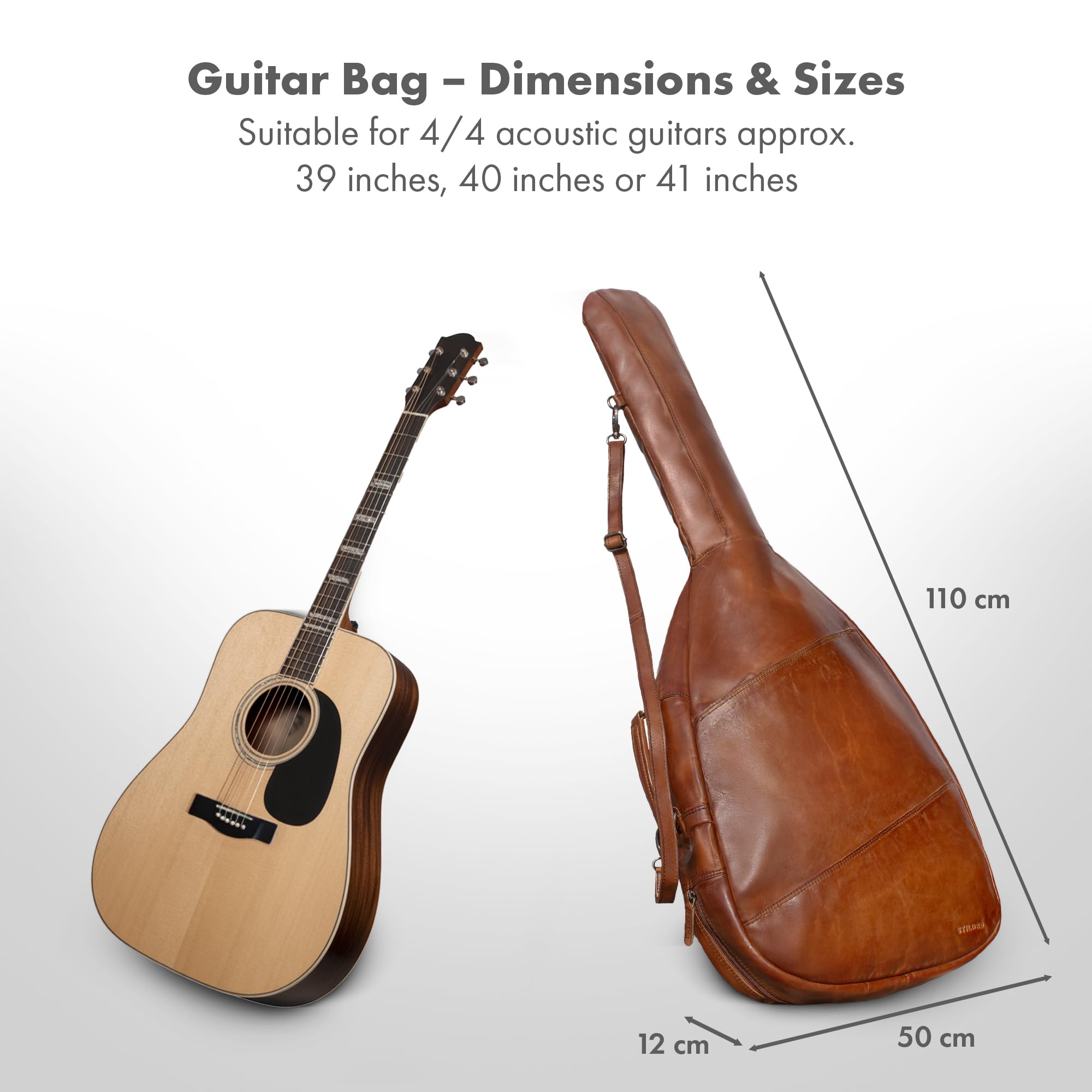 STILORD 'Elvis' Premium Leder Gitarrentasche für 4/4 Gitarren 39', 40' und 41' Natürlich Wasserabweisende Gigbag für Akustik- und Konzertgitarren Gefütterte Gitarrenhülle, Farbe:Brandy - Cognac