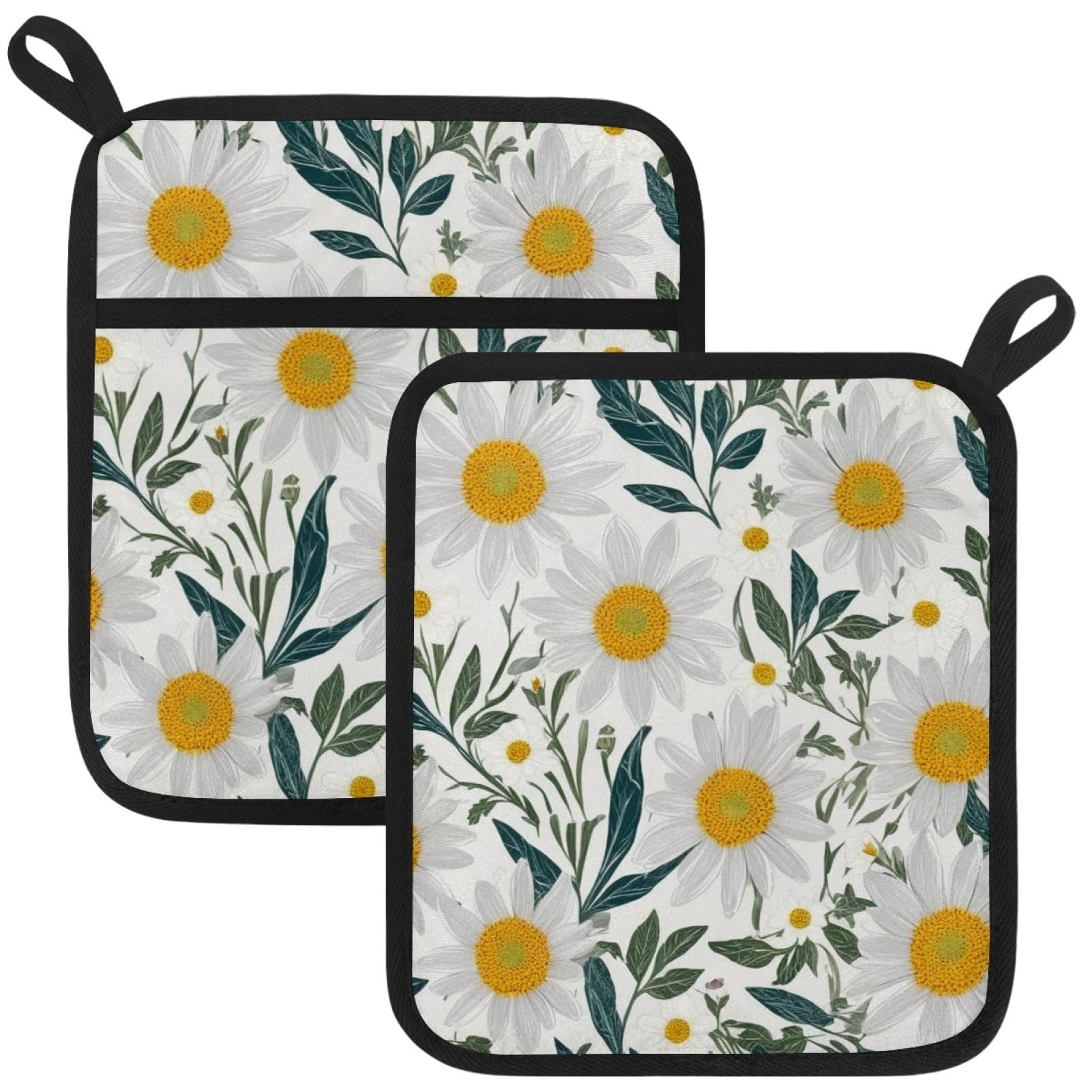 VAPOKF Daisy Floral Heat Resistant Pot Holders, Thick Pot Holders Pad with Hanging Loop for Kitchen, Oven Cloth Pads for Kitchen Baking Microwave Oven