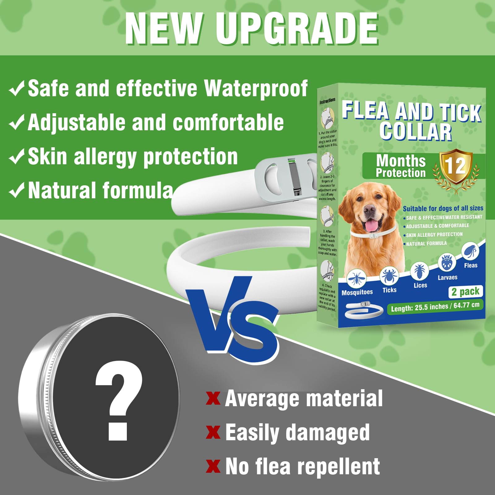 Inpumo Collier Anti Puces pour Chien, Collier Réglable Résistant à l'eau, Protection Efficace Contre Les Parasites pour Tous Les Types de Chiens, 12 Mois De Protection Efficace (2 Pack)