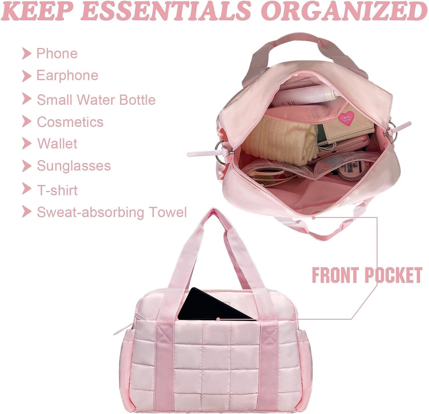 WOLT Small Gym Bag for Women, 14 inch Lightweight Gym Duffle Bag with Wet Compartment Quilted Tote for Sports Workout, Pink - Image 5