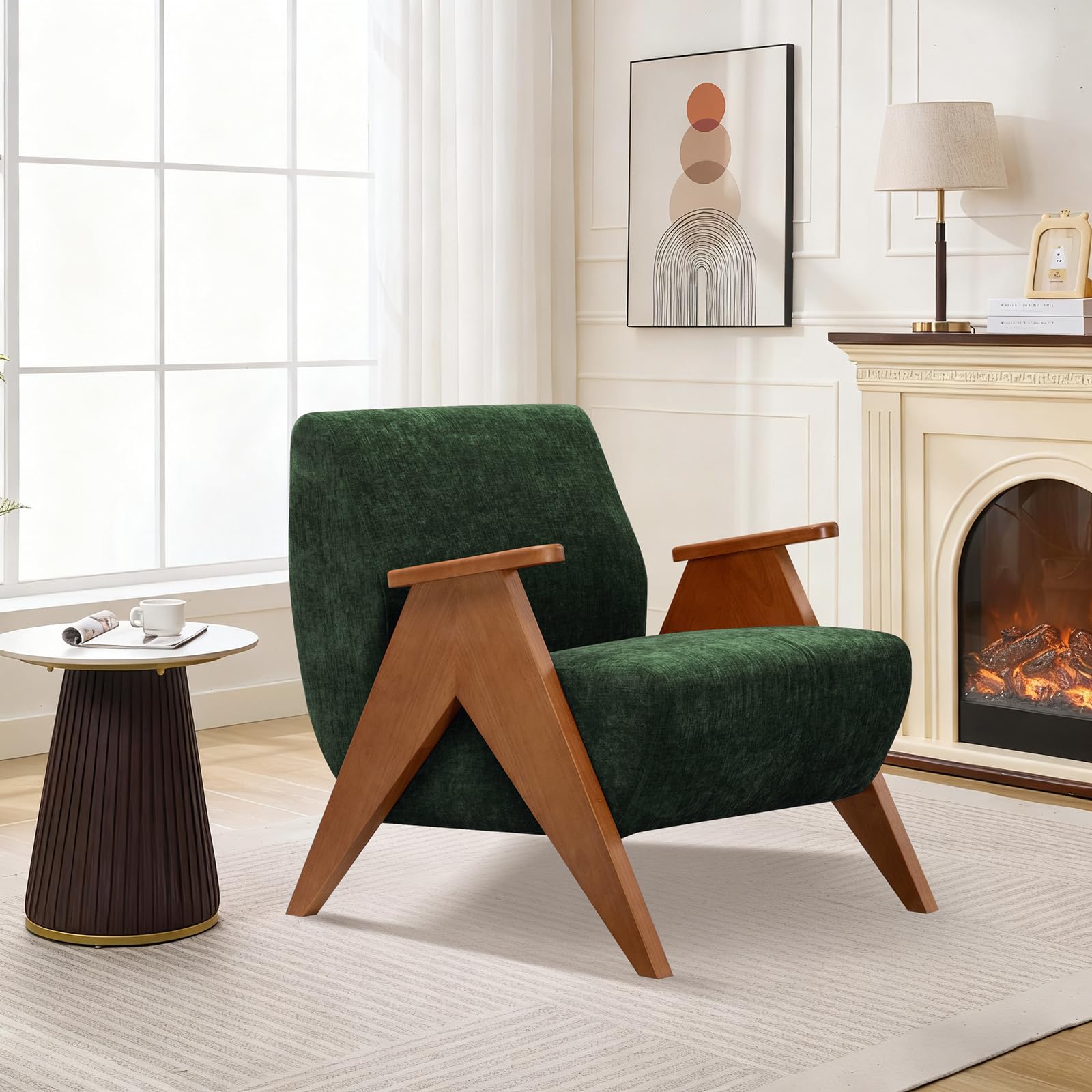 TQHOQ Armchair for Living Room, Comfy Chenille Louge Chair, Upholstered Accent Chair With Wooden Handrails (Green, 1 PCS)