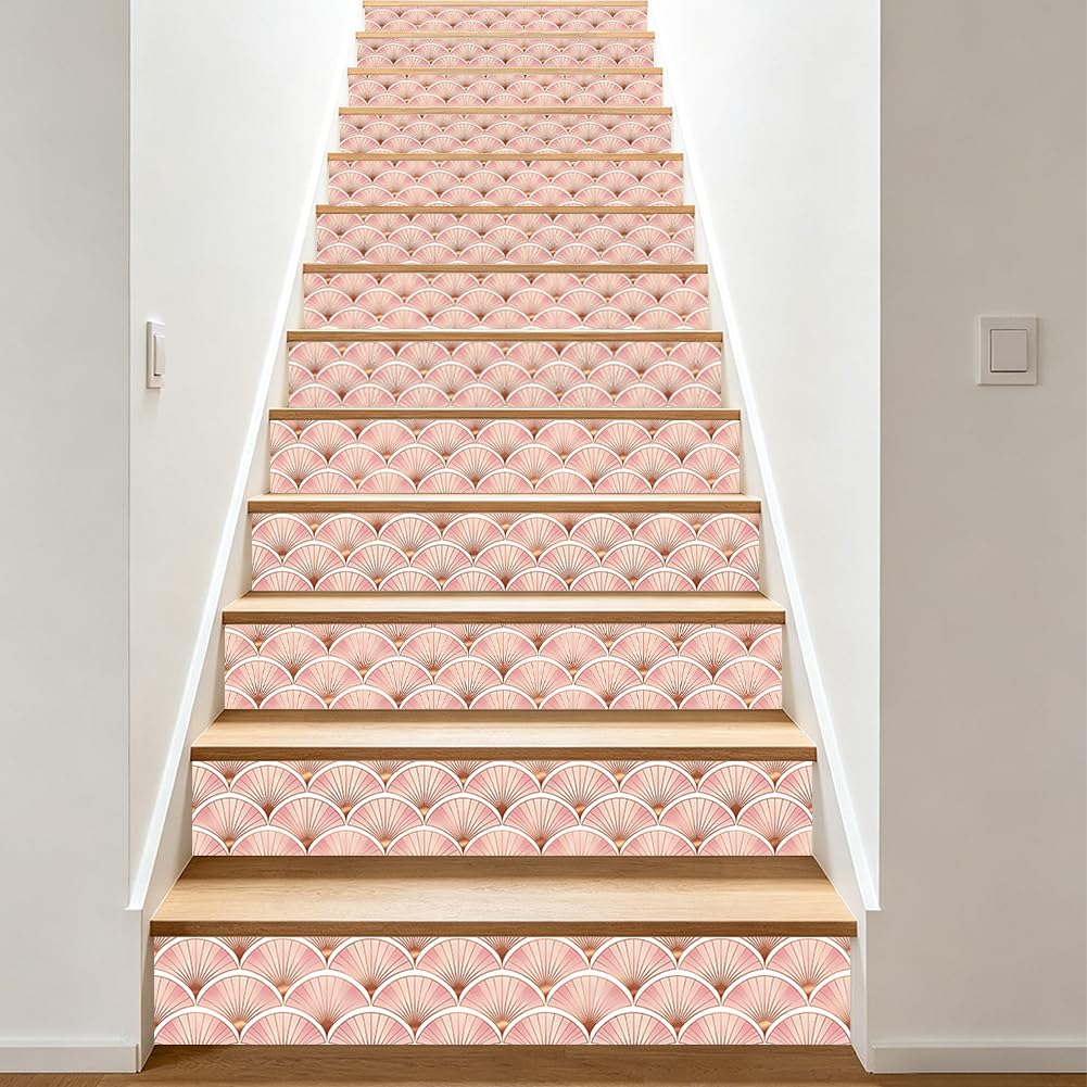 TNKBREEZE 15 Strips Boho Stairs Stickers Geometric Pink Fans Peel and Stick Stair Riser Decals Removable Self-Adhesive PVC Art Sticker Decor for Steps Staircase Murals Decals 39.37"ร7.09" โ image 1
