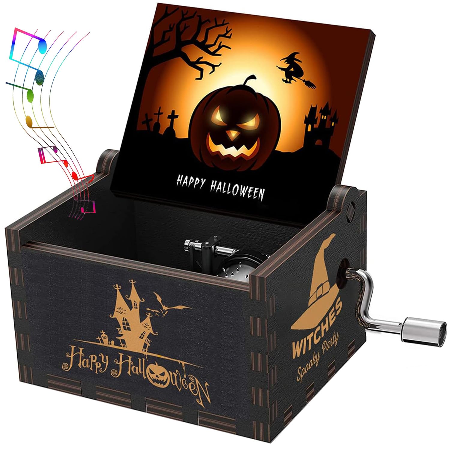 sakruda Wooden Happy Halloween Music box for Daughter Son Mum Dad Friend,Hand Crank Tune This is Halloween,Vintage Halloween Musical Box Gift to Kids Girls Boys at Halloween,Saints' Eve,New Year,Black