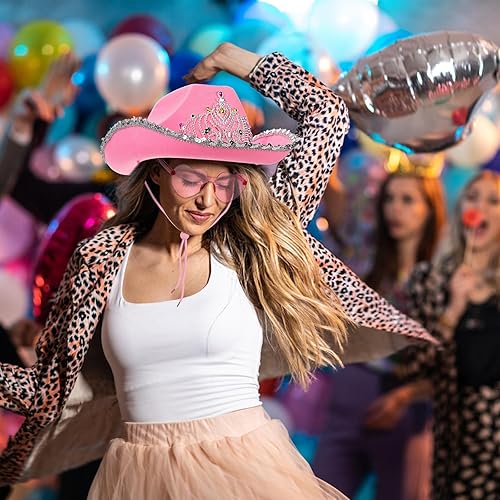 Miniatura 6 de Paquete de 2 sombreros de vaquera rosa con gafas de corazón, sombrero de princesa de vaquero de lentejuelas rosas con diseño de corona de tiara,