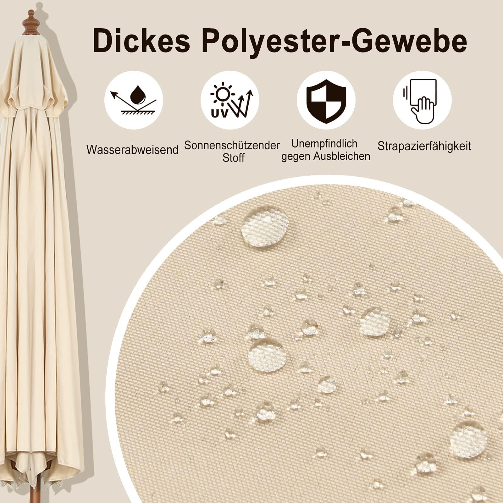 GOPLUS Sonnenschirm Holz, Gartenschirm 260cm UV-Schutz, Marktschirm mit 3-stüfig höhenverstellbar, Balkonschirm, Terrassenschirm tragbar leicht, Tischschirm für Garten, Strand, Terrasse & Pool, Beige