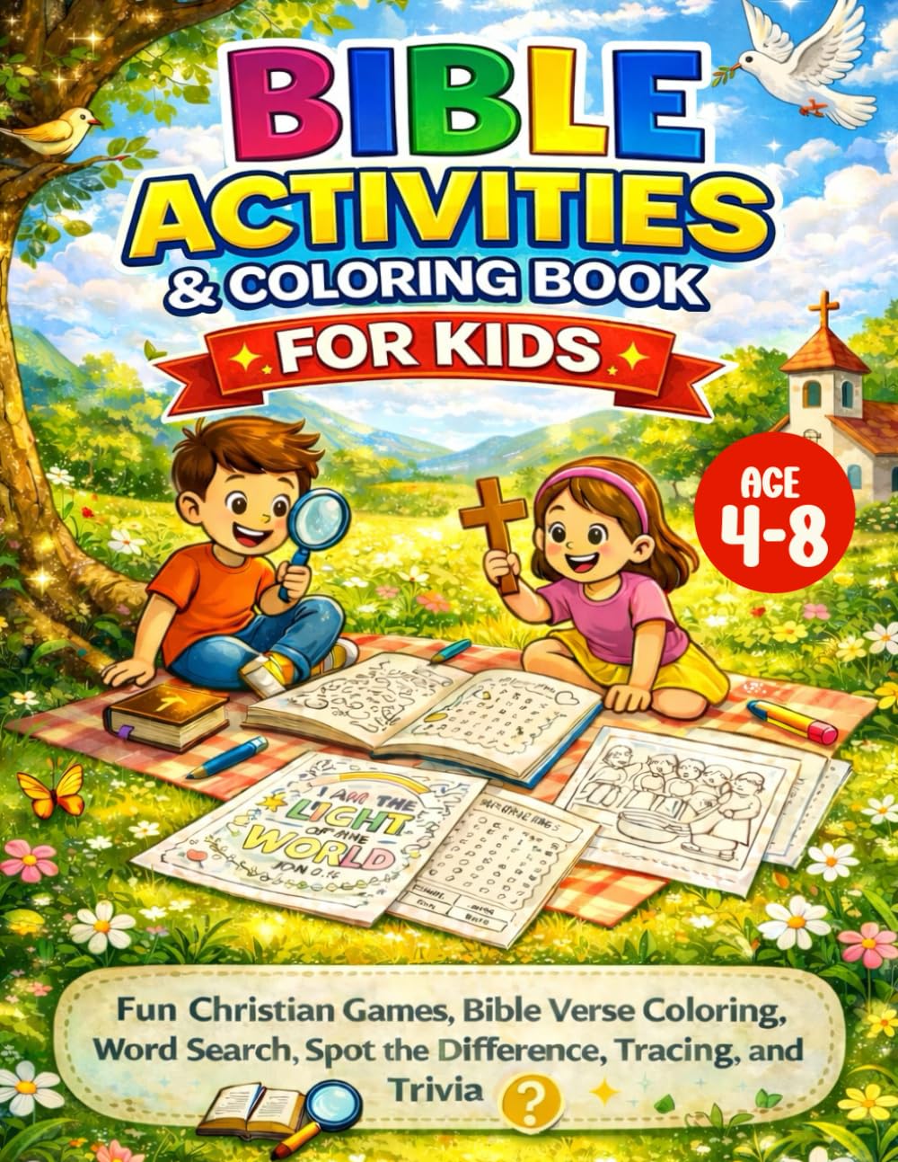 BIBLE ACTIVITIES & COLORING BOOK FOR KIDS: Fun Christian Games, Bible Verse Coloring, Word Search, Spot the Difference, Tracing, and Trivia