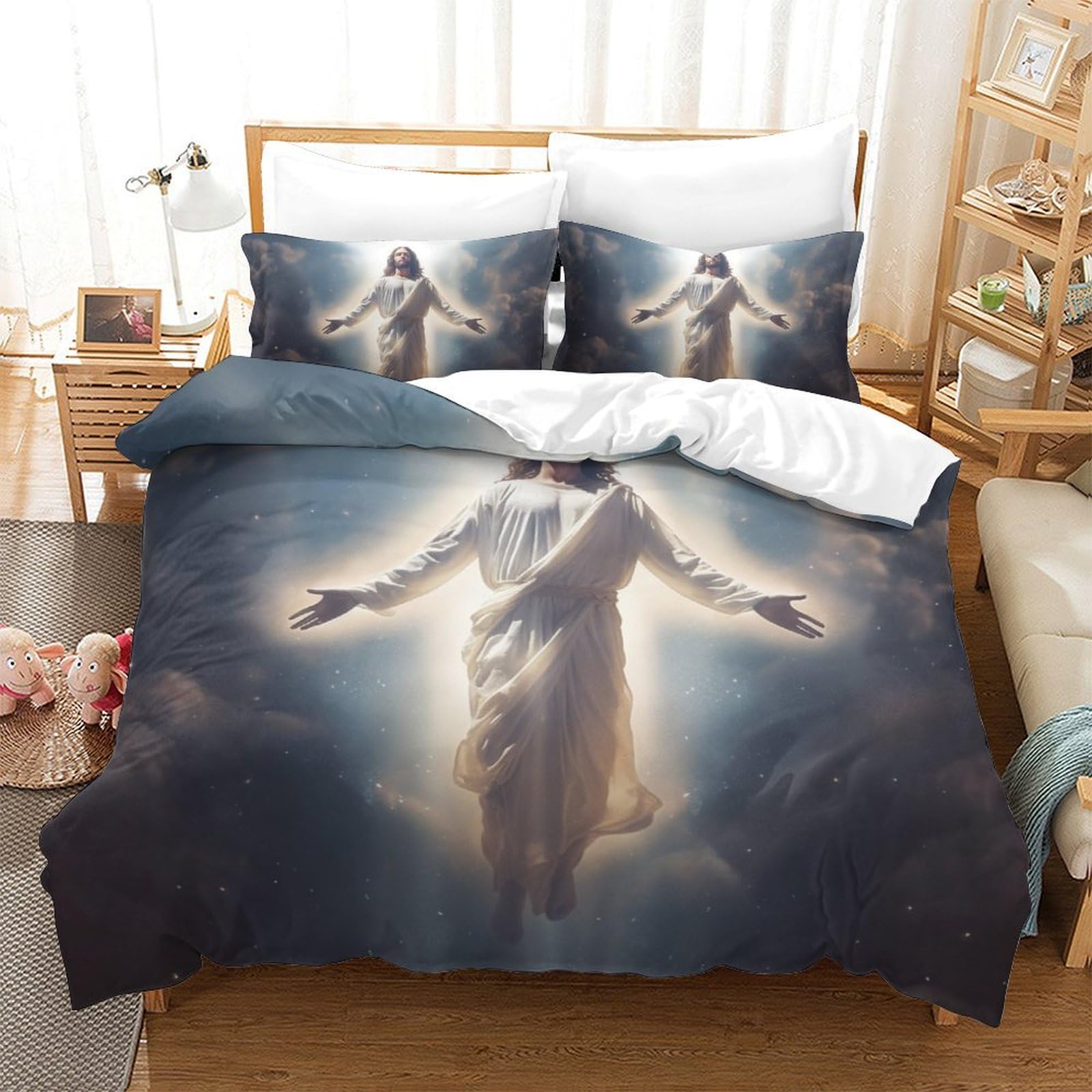 Parure de lit 220x240 anti-plis en microfibre housse de couette Jésus à fermeture éclair pratique