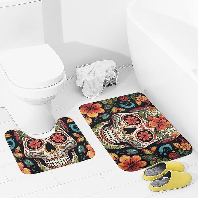 Bathroom Rugs Sets 2 Piece Bath Mat Soft Absorbent Microfiber Bath Rugs and U-Shaped Contour Toilet Rug Non-Slip Bath Carpet Colorful Sugar Skull Floor Mats for Bathroom