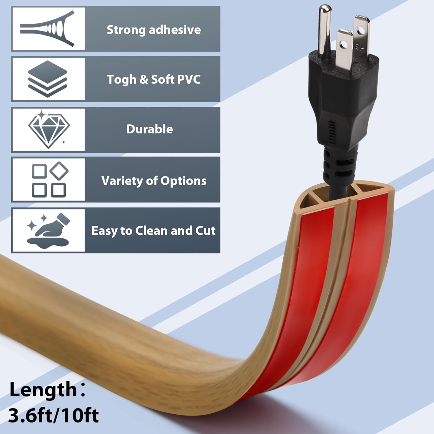Self Adhesive Cord Cover Floor, 10FT Cable Hider Prevent Cable Trips, Floor Cable Covers for Cords, Hide Extension Cord Hider, Protector Cable Cavity: W 0.47" x H 0.28", Yellow Oak Wood