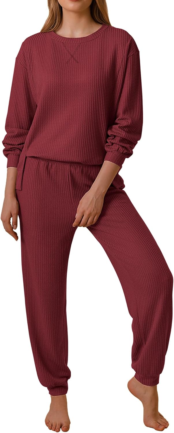 Ekouaer Waffle Knit Lounge Sets for Women Long Sleeve Pajamas Set with Pockets 2 Pieces Outfits Top and Pants