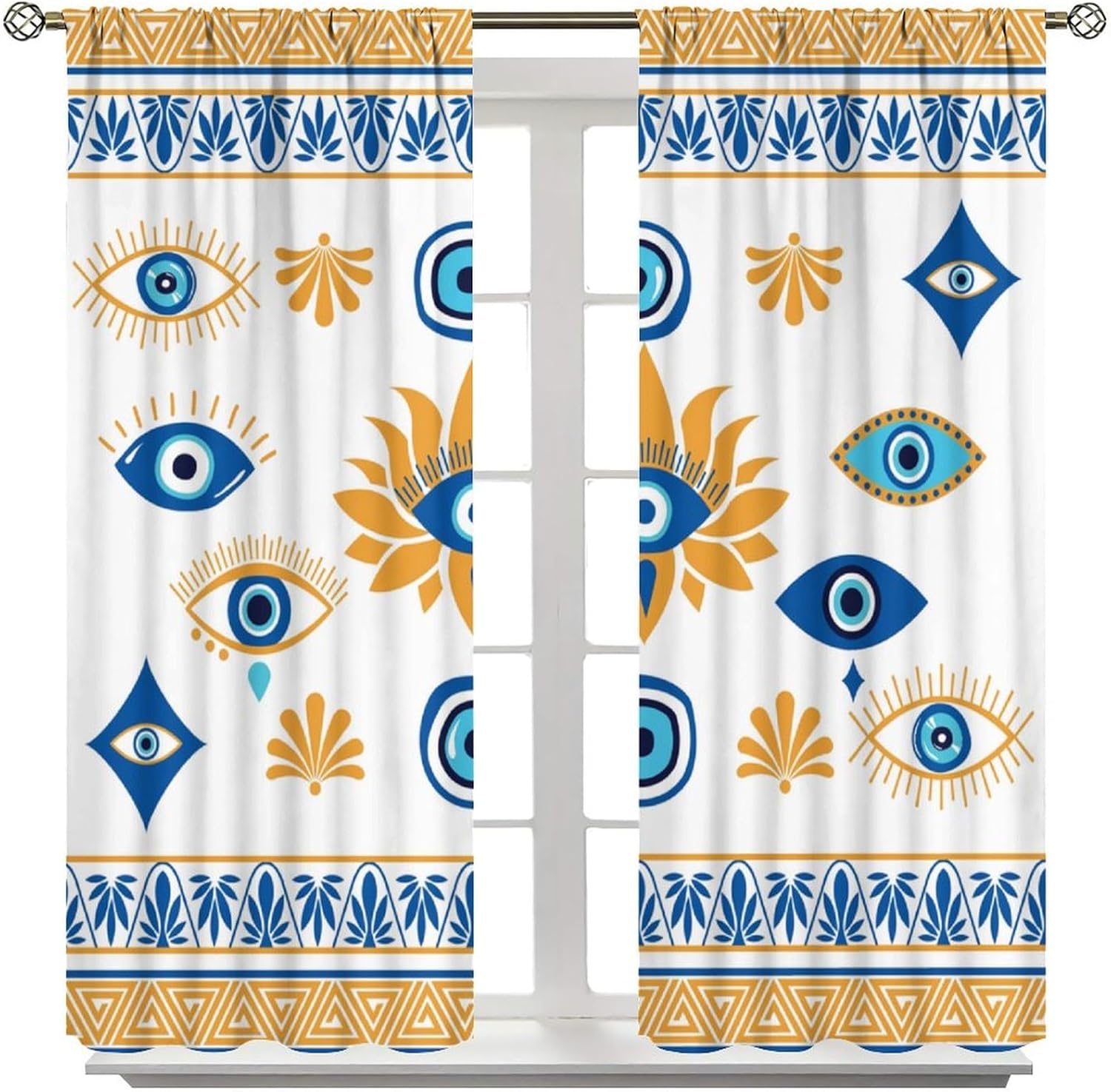 Evil Eye Window Curtains,Boho Hippy Blue and Yellow Occult Symbol Print Semi Blackout Window Treatments for Living Room Bedroom Kitchen,2 Panels Set,Total Size 72 x 63 Inch